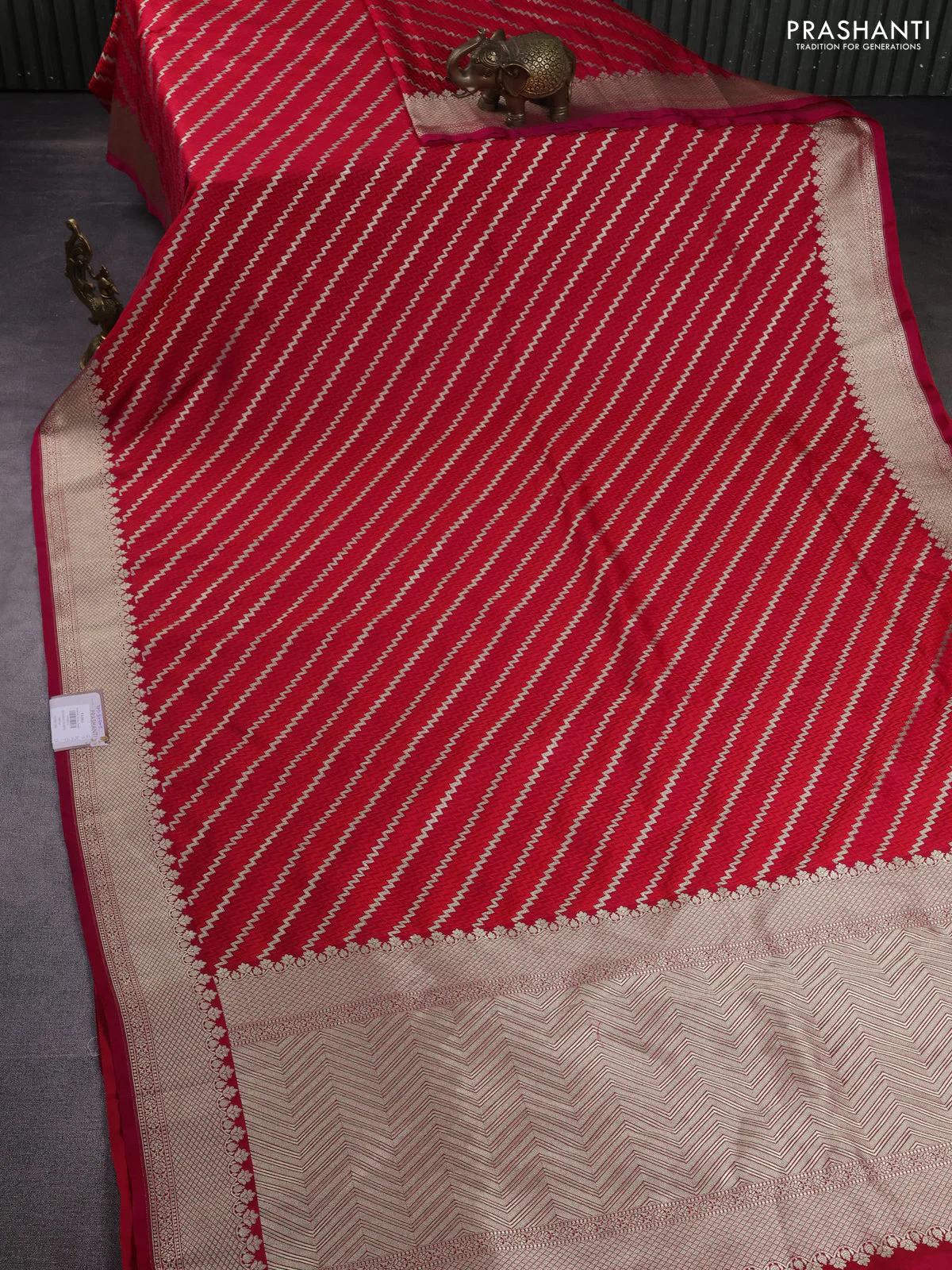 Banarasi semi mushru silk saree pink and red with allover self emboss & zari weaves and zari woven border - Image 2