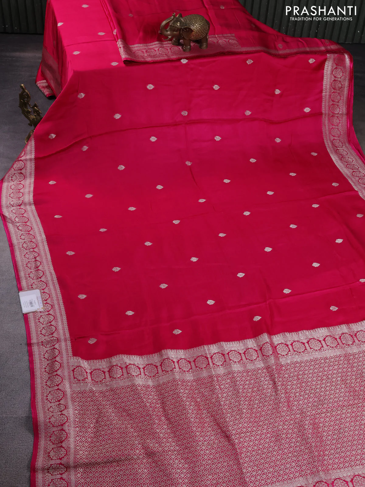 Banarasi semi mushru silk saree pink with zari woven buttas and zari woven border - Image 2