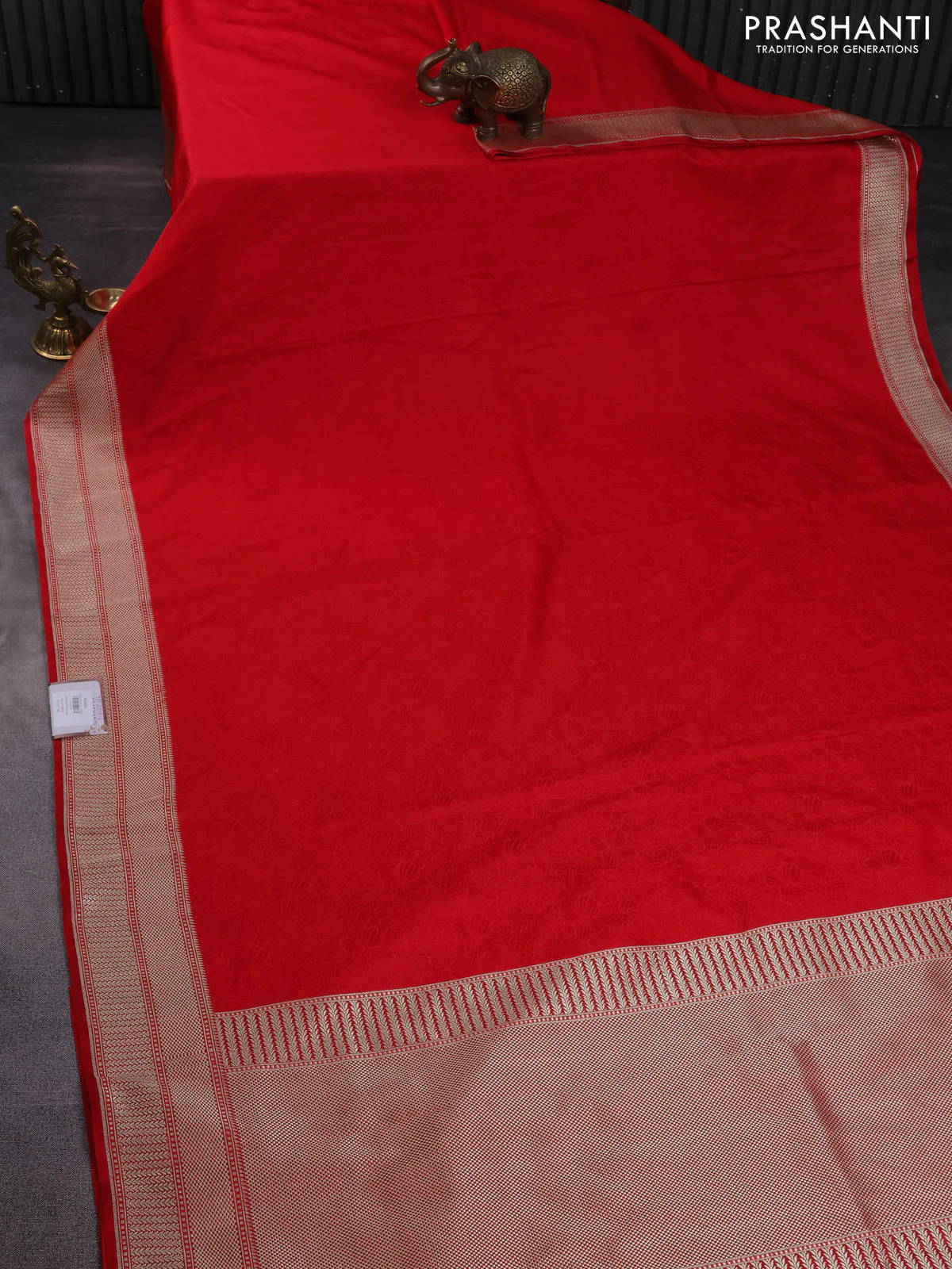 Banarasi semi mushru silk saree red with allover self emboss and zari woven border - Image 2