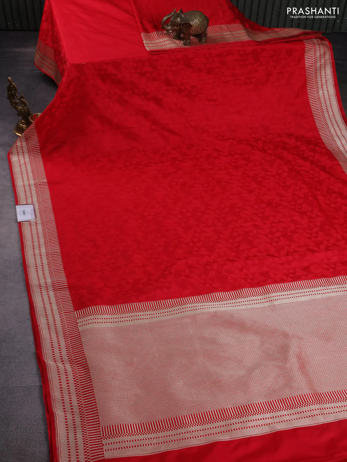 Banarasi semi mushru silk saree red with allover self emboss and zari woven border - Image 2