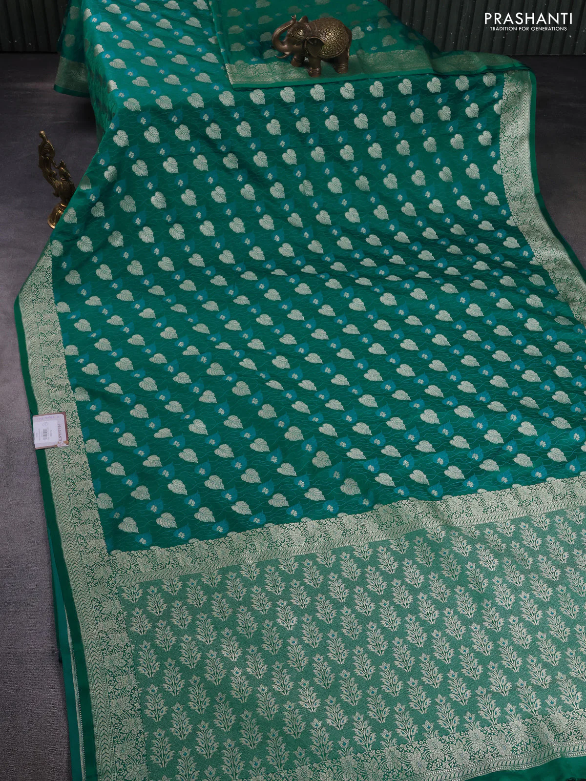 Banarasi semi mushru silk saree teal green with allover thread & zari weaves and zari woven border - Image 2