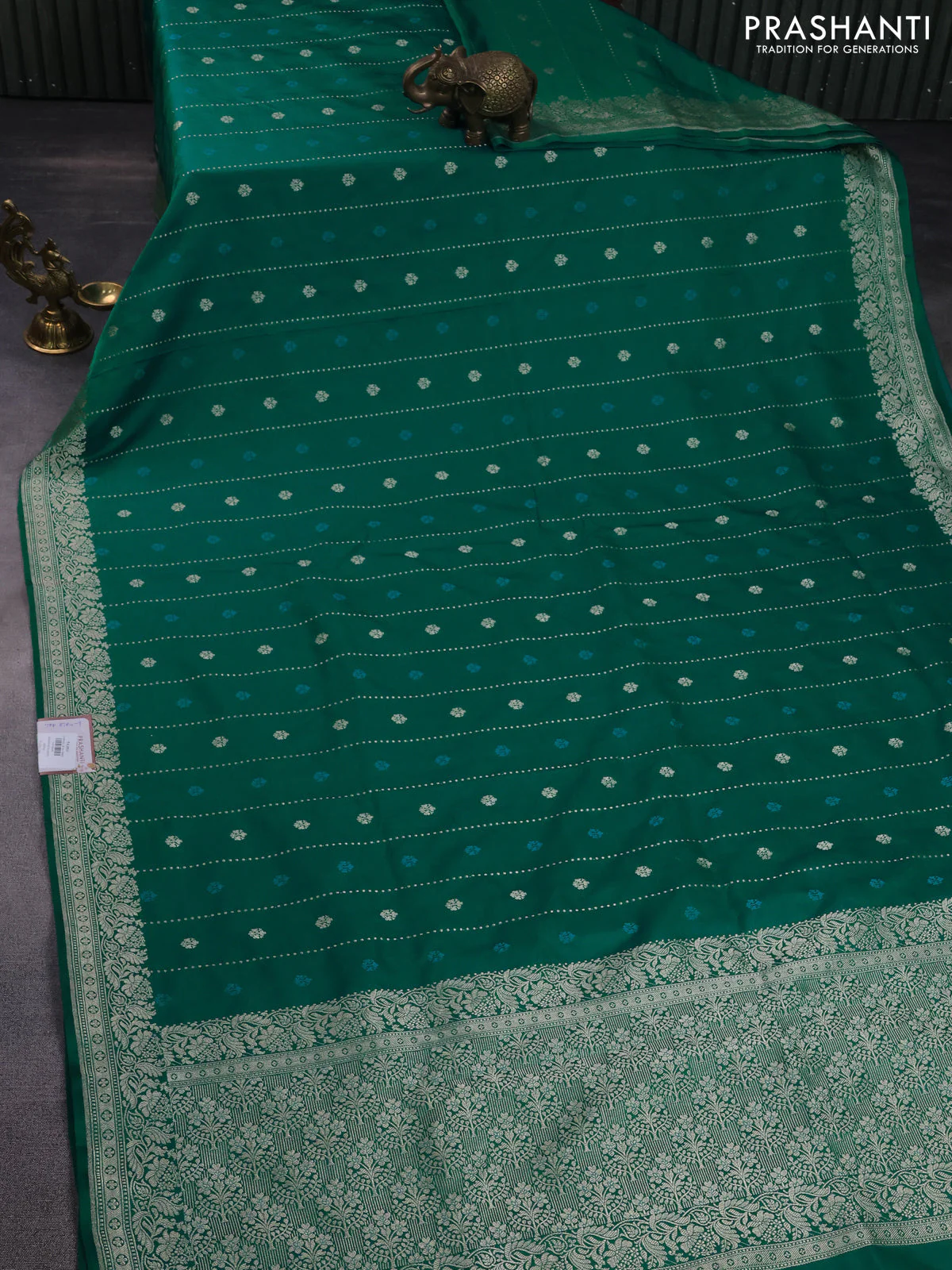 Banarasi semi mushru silk saree teal green with thread & zari woven buttas and zari woven border - Image 2