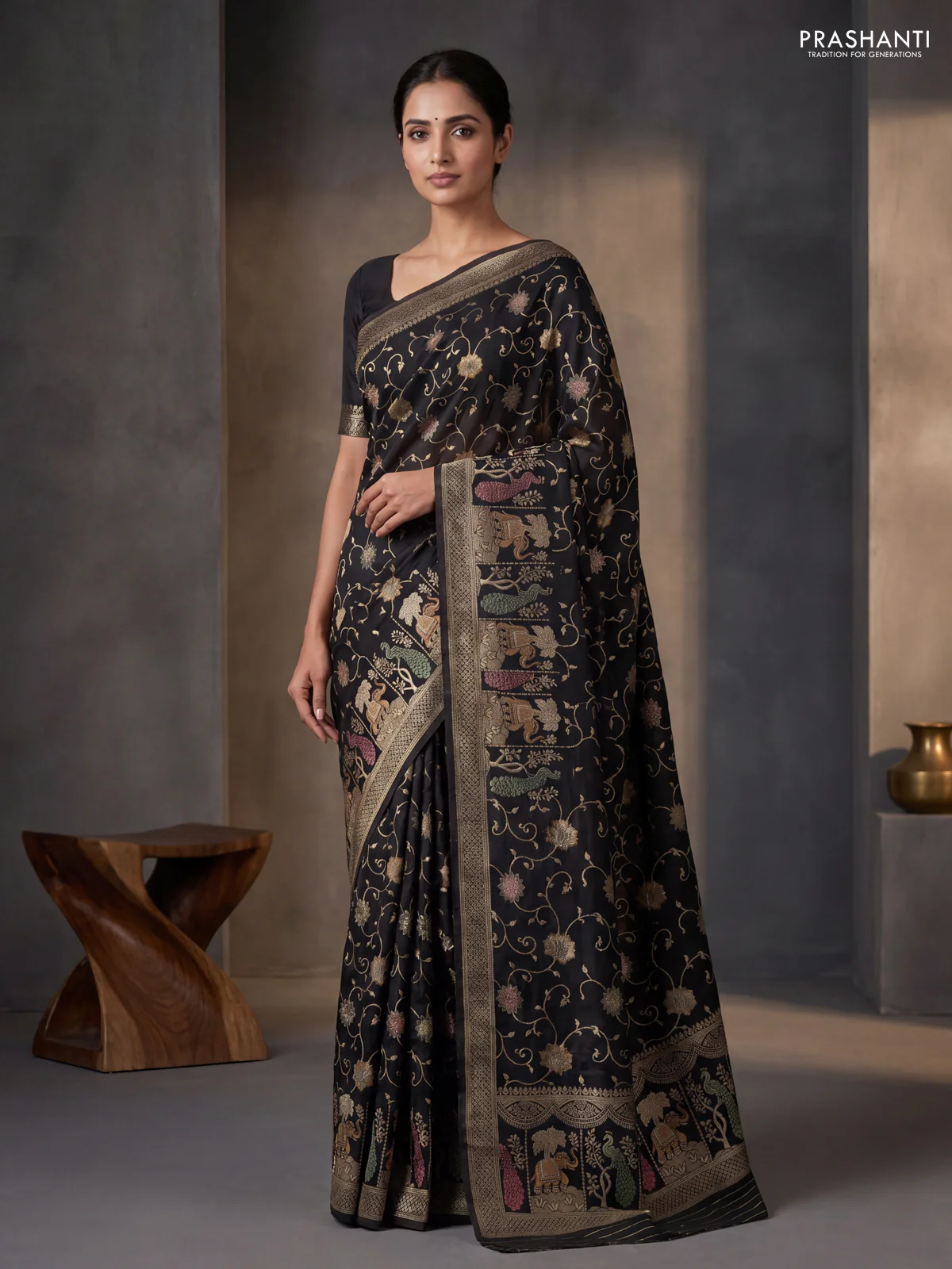 Banarasi semi raw silk saree black with allover floarl zari weaves and thread & zari woven border