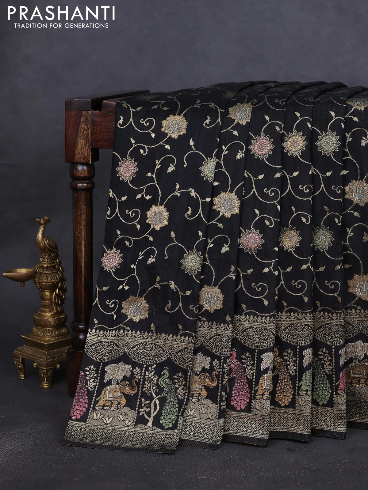 Banarasi semi raw silk saree black with allover floarl zari weaves and thread & zari woven border - Image 2
