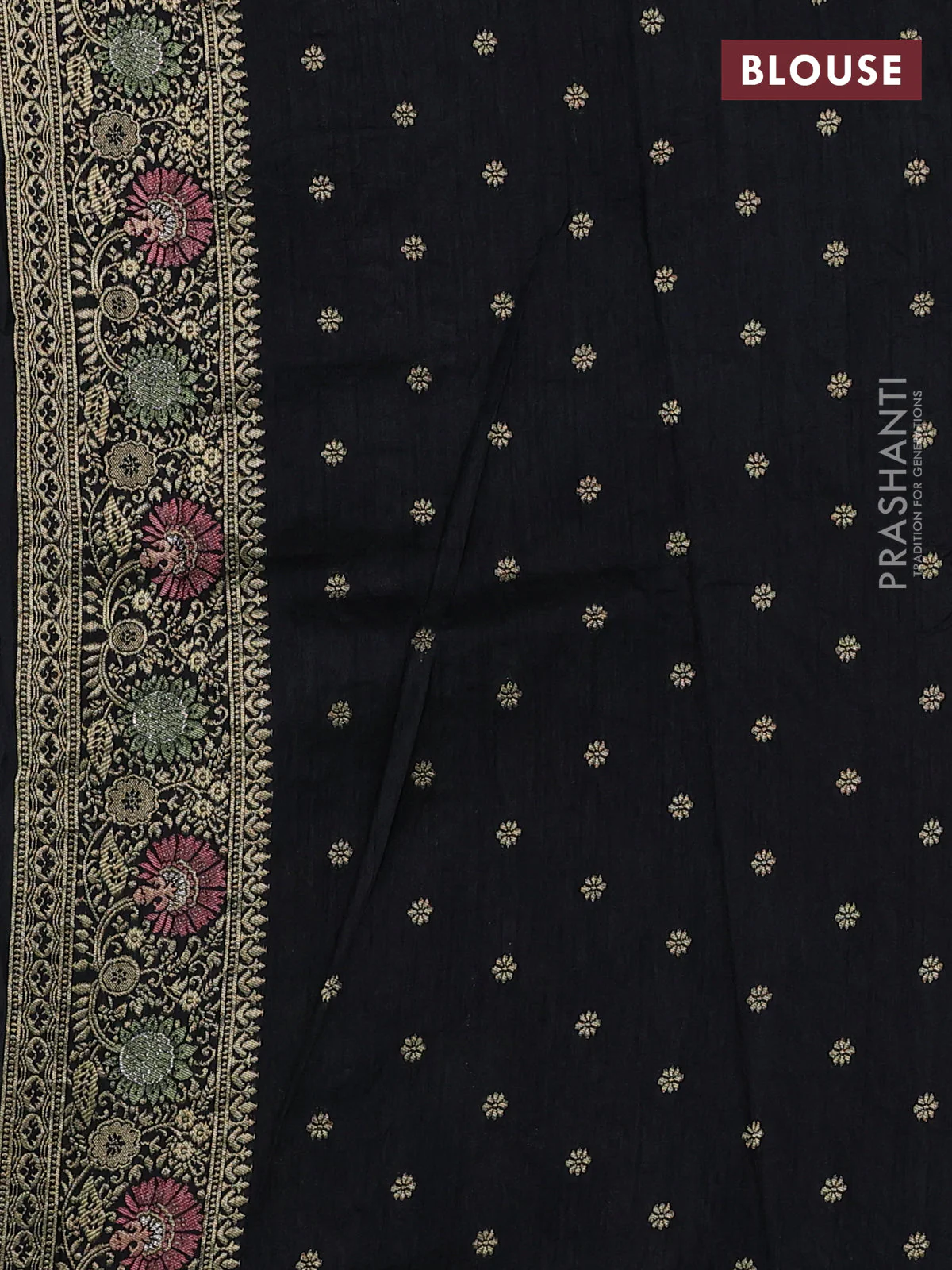 Banarasi semi raw silk saree black with allover floarl zari weaves and thread & zari woven border - Image 4