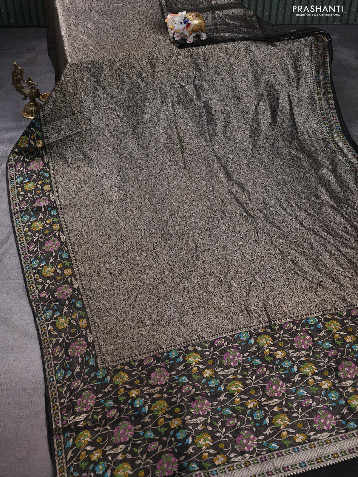 Banarasi semi raw silk saree black with allover silver zari woven brocade weaves and floral design paithani border - Image 2