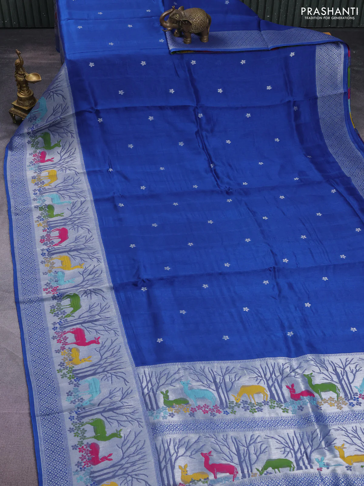 Banarasi semi raw silk saree blue with silver zari woven buttas and silver zari woven border - Image 2