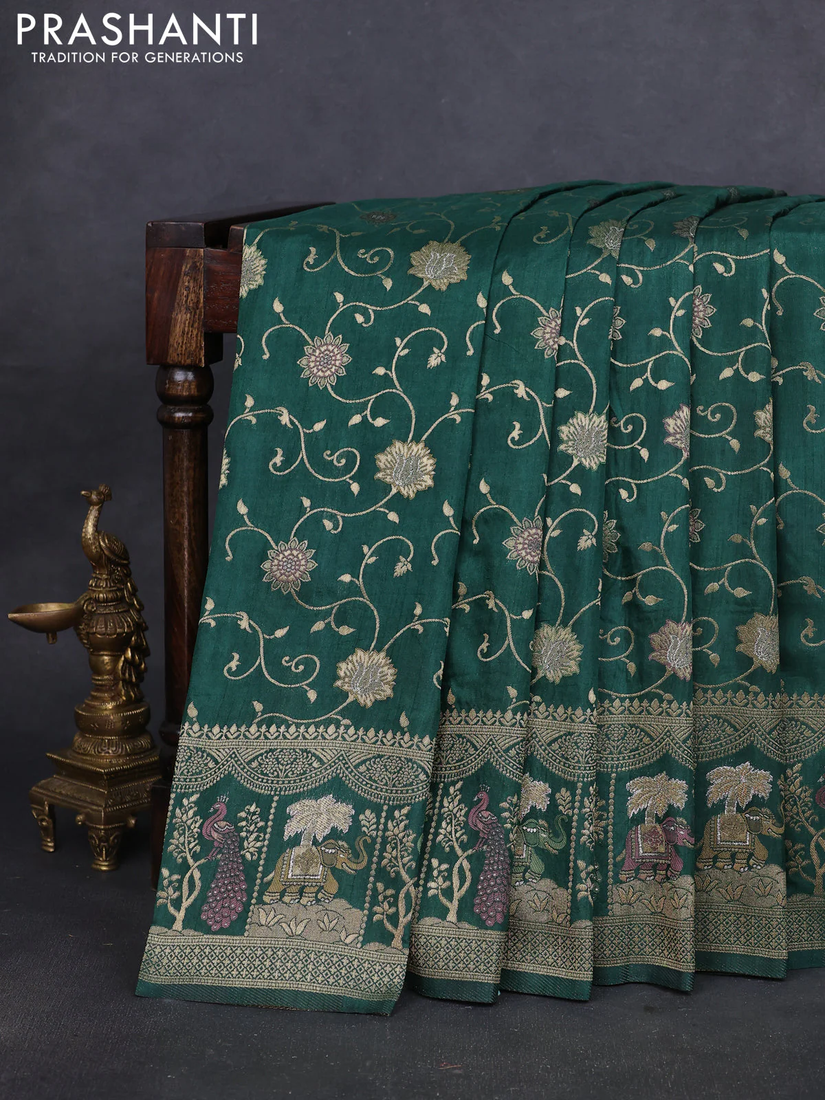 Banarasi semi raw silk saree dark green with allover floarl zari weaves and thread & zari woven border - Image 2