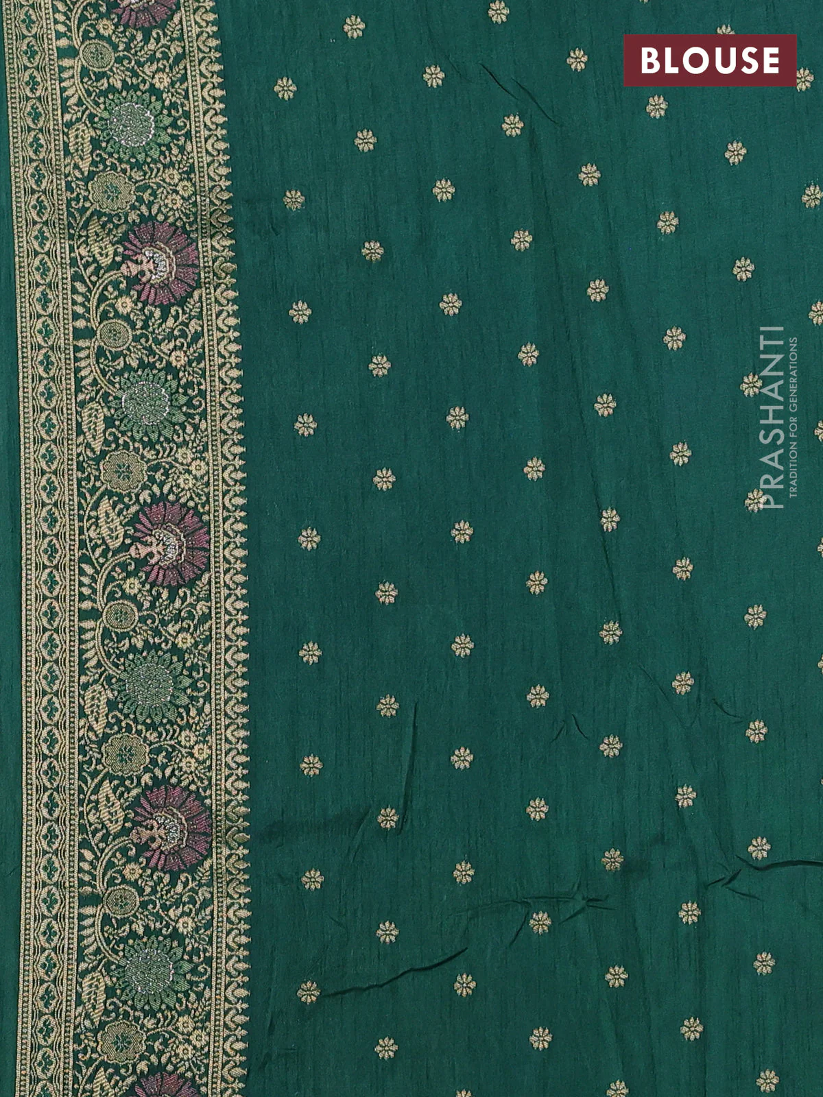 Banarasi semi raw silk saree dark green with allover floarl zari weaves and thread & zari woven border - Image 4