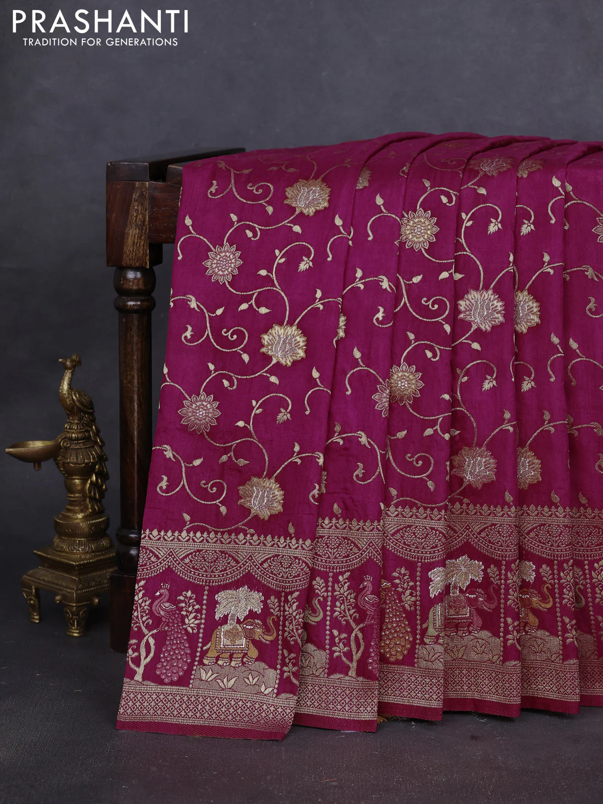 Banarasi semi raw silk saree dark magenta pink with allover floarl zari weaves and thread & zari woven border - Image 2
