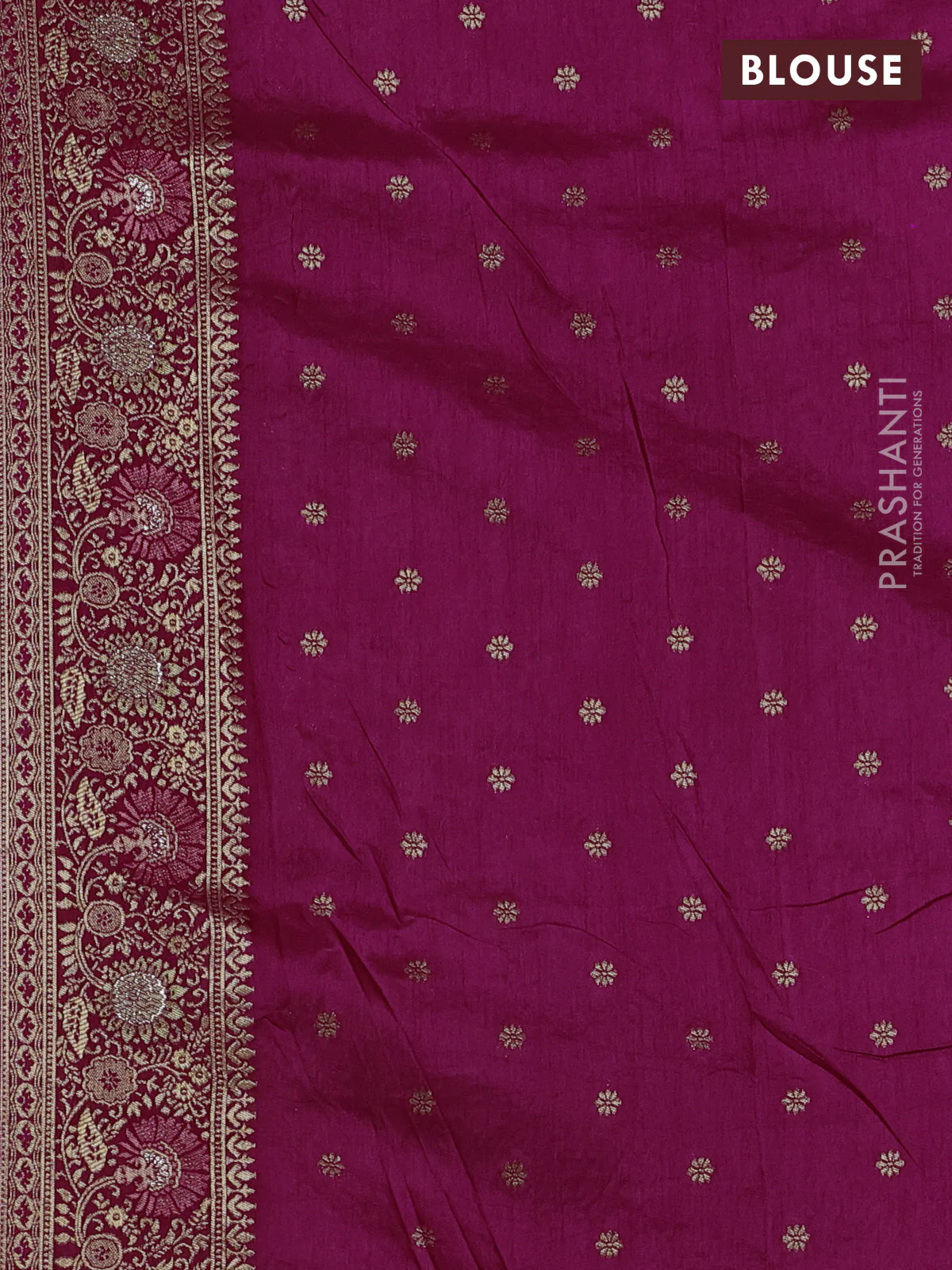 Banarasi semi raw silk saree dark magenta pink with allover floarl zari weaves and thread & zari woven border - Image 4