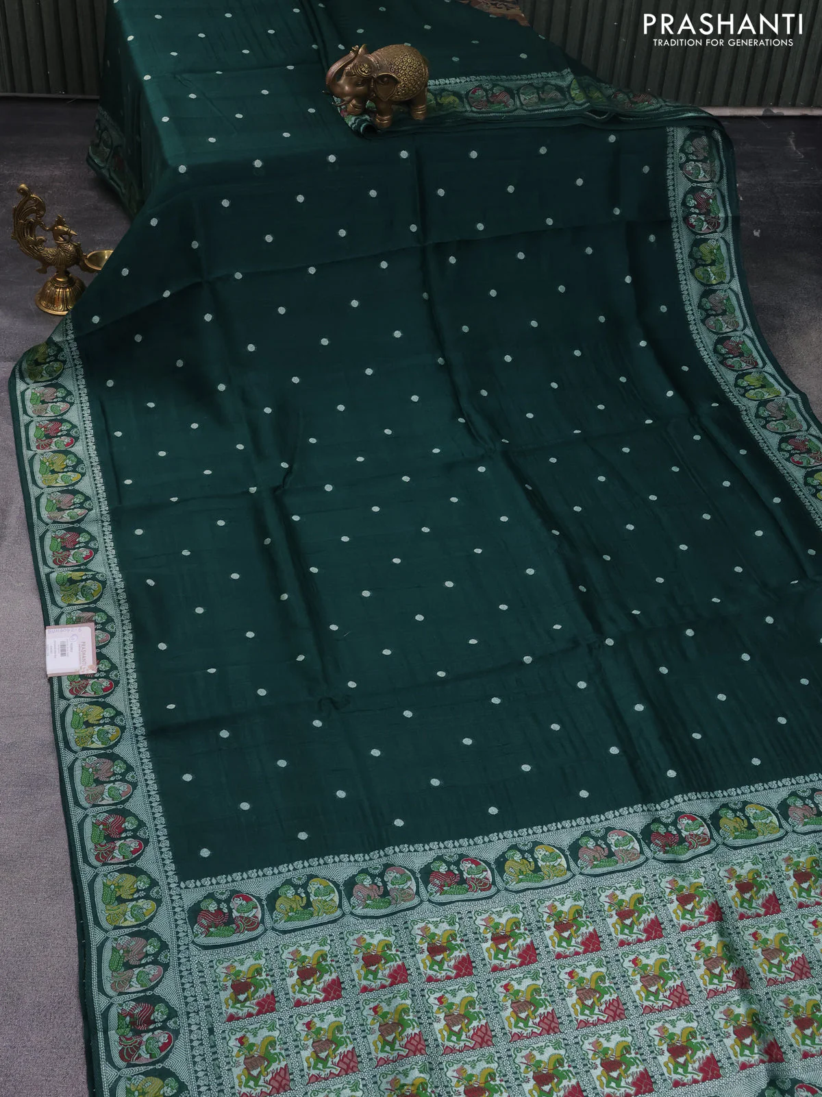 Banarasi semi raw silk saree green with zari buttas and mina border - Image 2