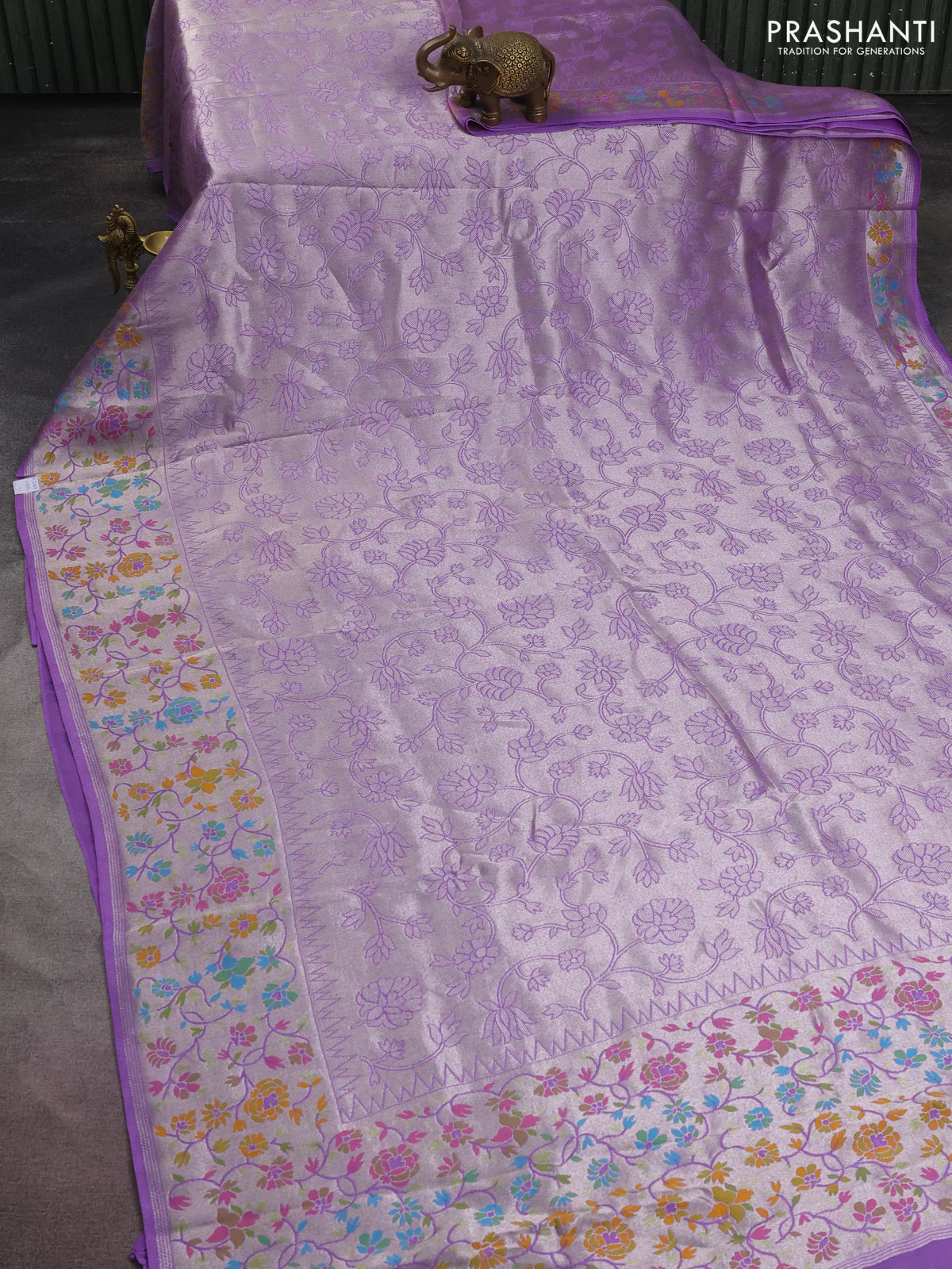 Banarasi semi raw silk saree lavender with allover silver zari woven floral weaves and floral design paithani border - Image 2