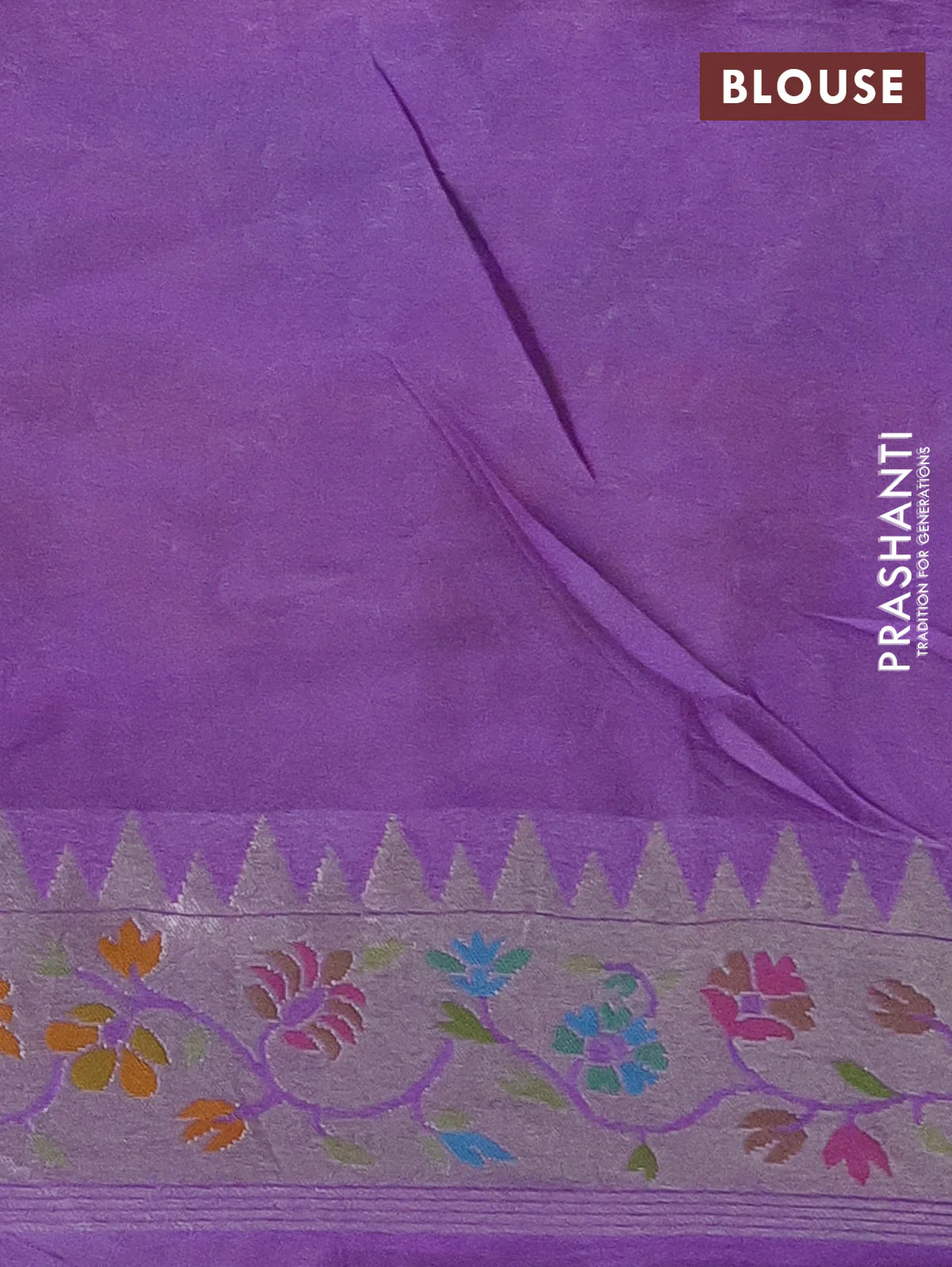 Banarasi semi raw silk saree lavender with allover silver zari woven floral weaves and floral design paithani border - Image 3
