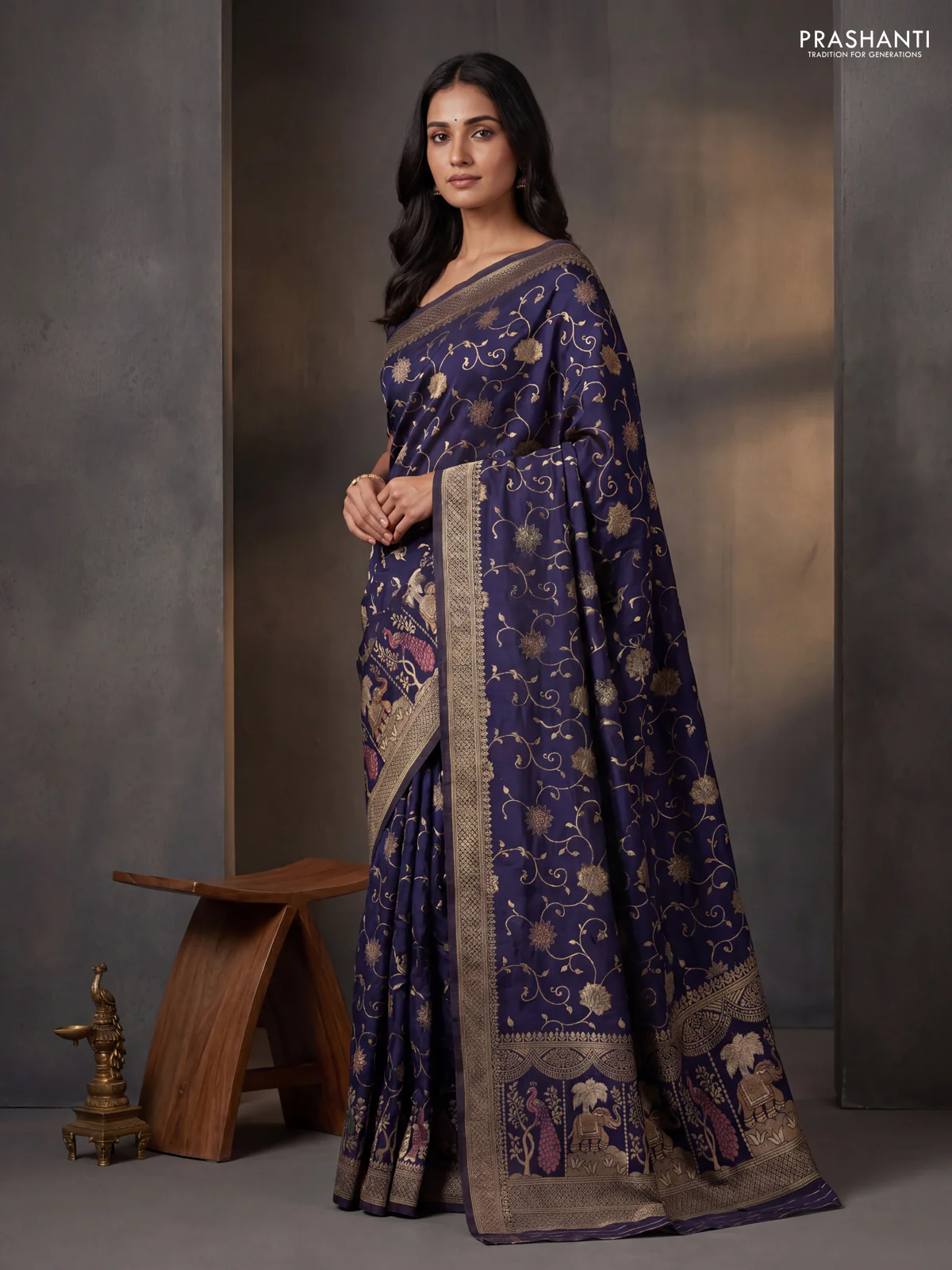 Banarasi semi raw silk saree navy blue with allover floarl zari weaves and thread & zari woven border