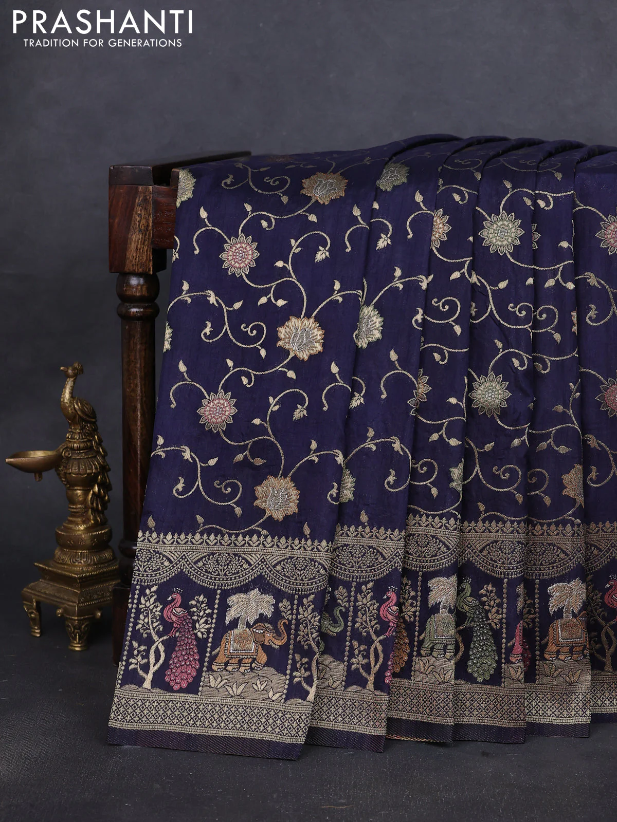 Banarasi semi raw silk saree navy blue with allover floarl zari weaves and thread & zari woven border - Image 2
