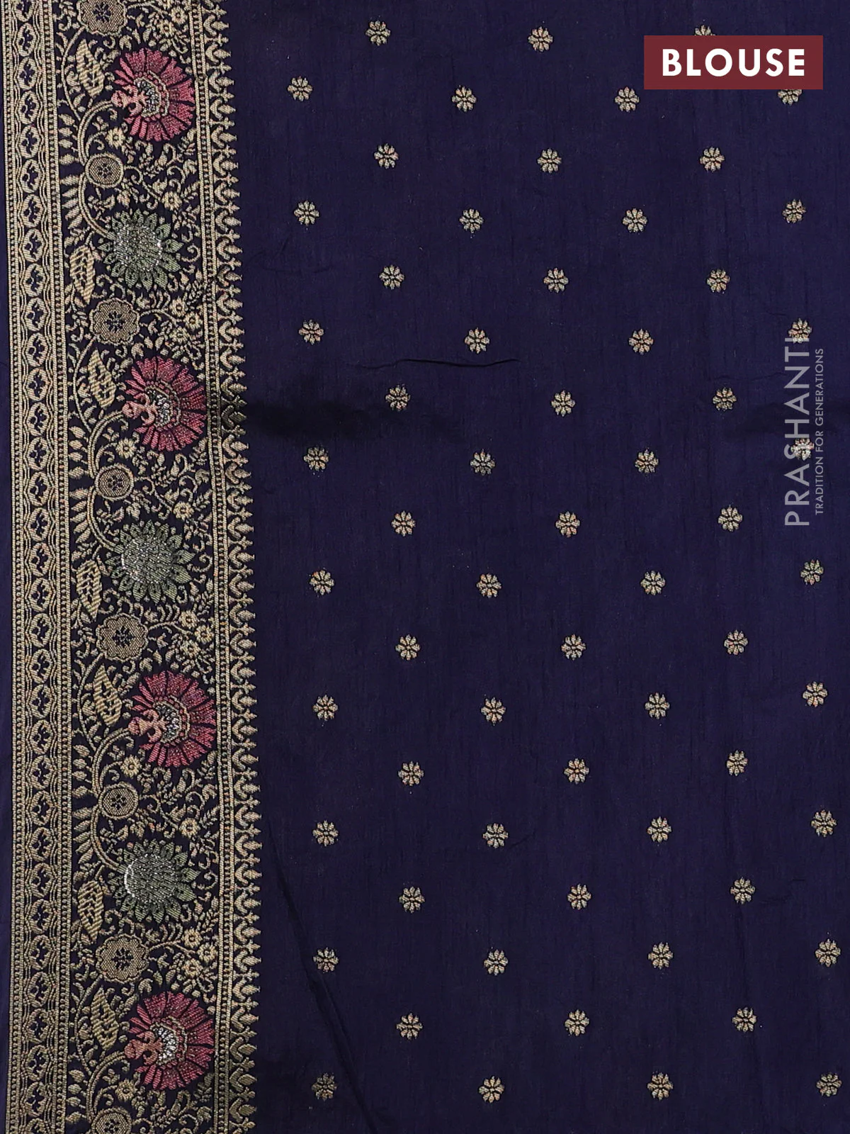 Banarasi semi raw silk saree navy blue with allover floarl zari weaves and thread & zari woven border - Image 4