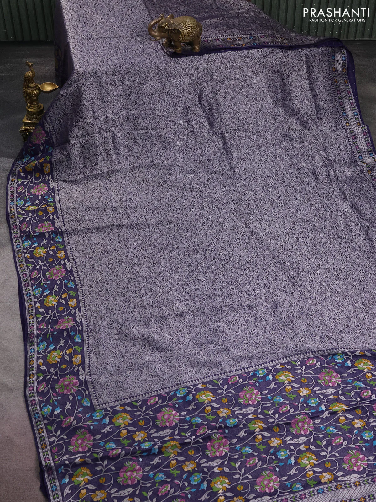 Banarasi semi raw silk saree navy blue with allover silver zari woven brocade weaves and floral design paithani border - Image 2