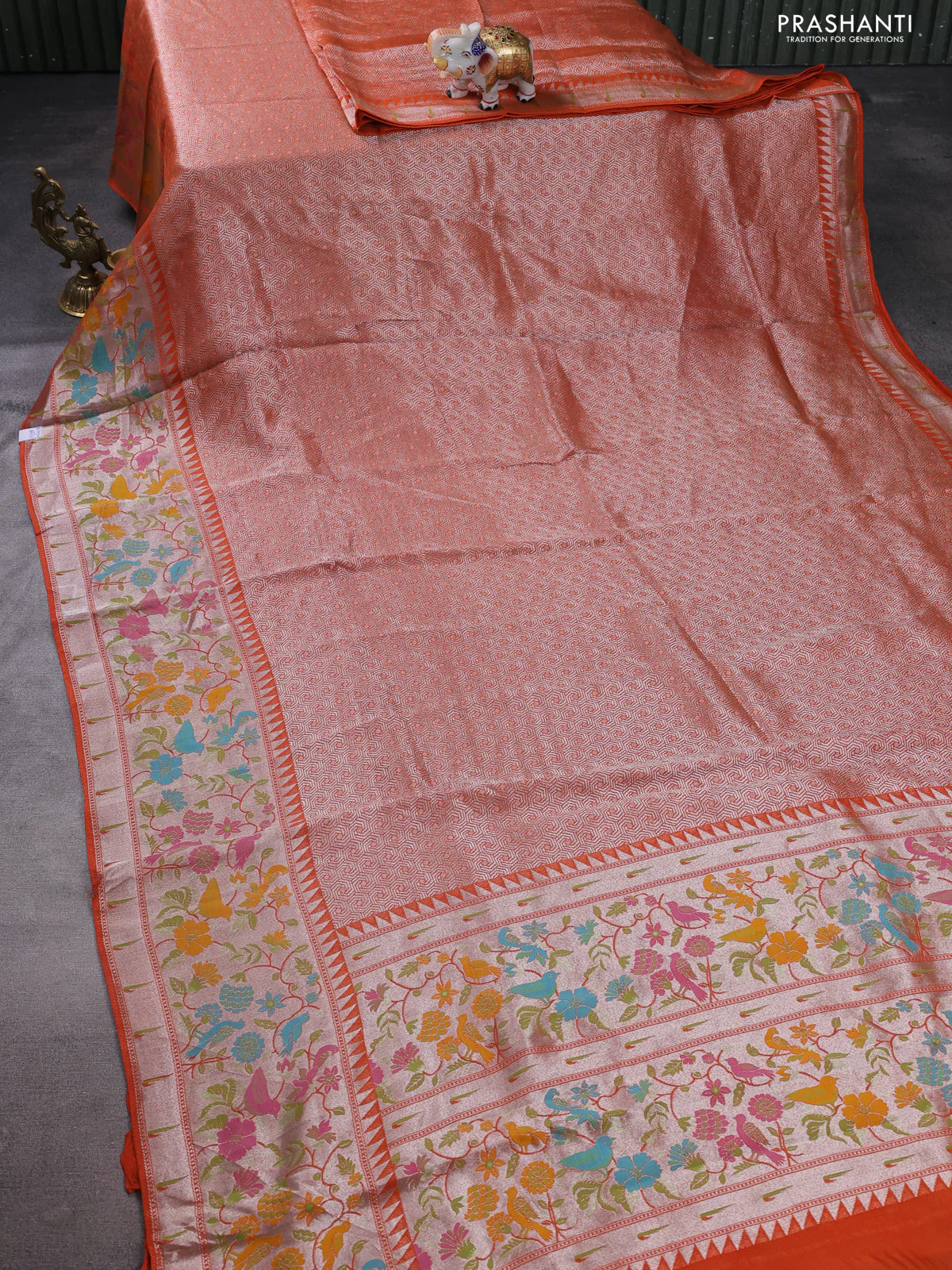 Banarasi semi raw silk saree orange with allover silver woven brocade weaves and floral design paithani border - Image 2