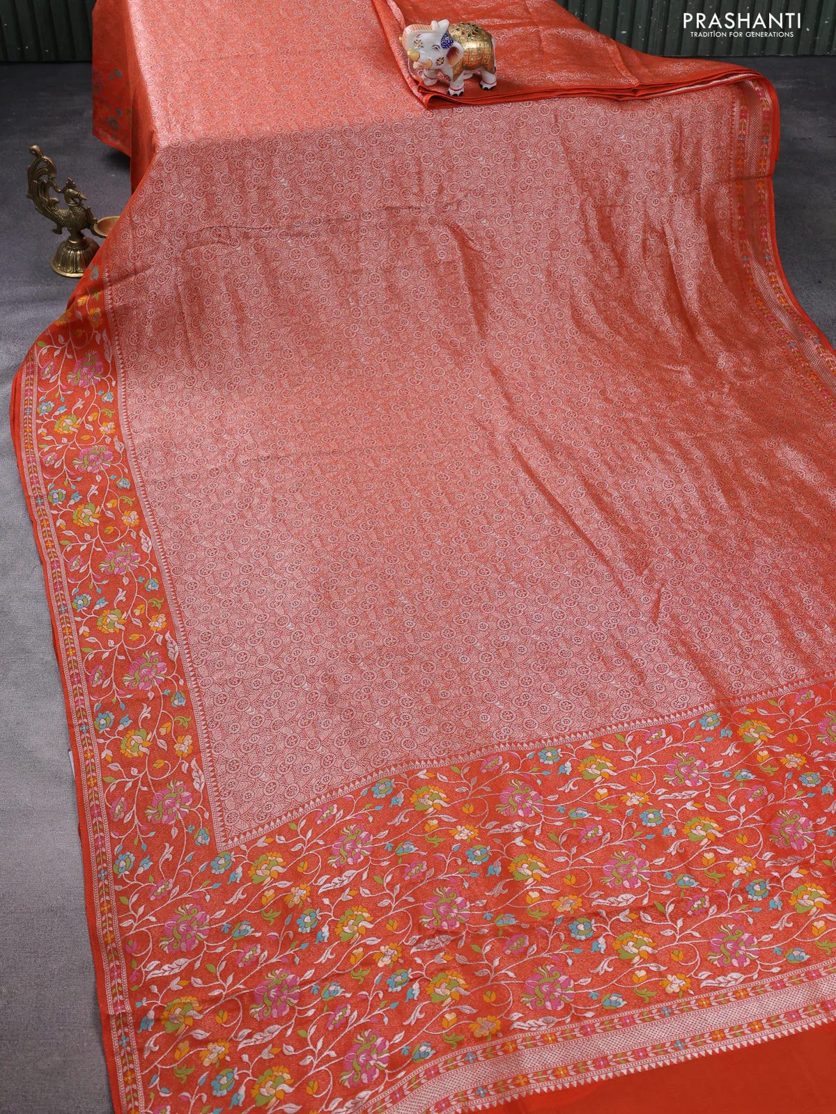 Banarasi semi raw silk saree orange with allover silver zari woven brocade weaves and floral design paithani border - Image 2