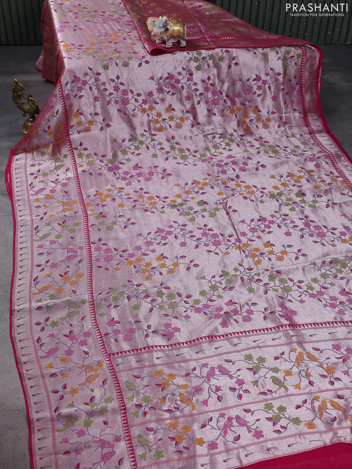 Banarasi semi raw silk saree pink with zari woven floral design paithani weaves and floral design paithani border - Image 2