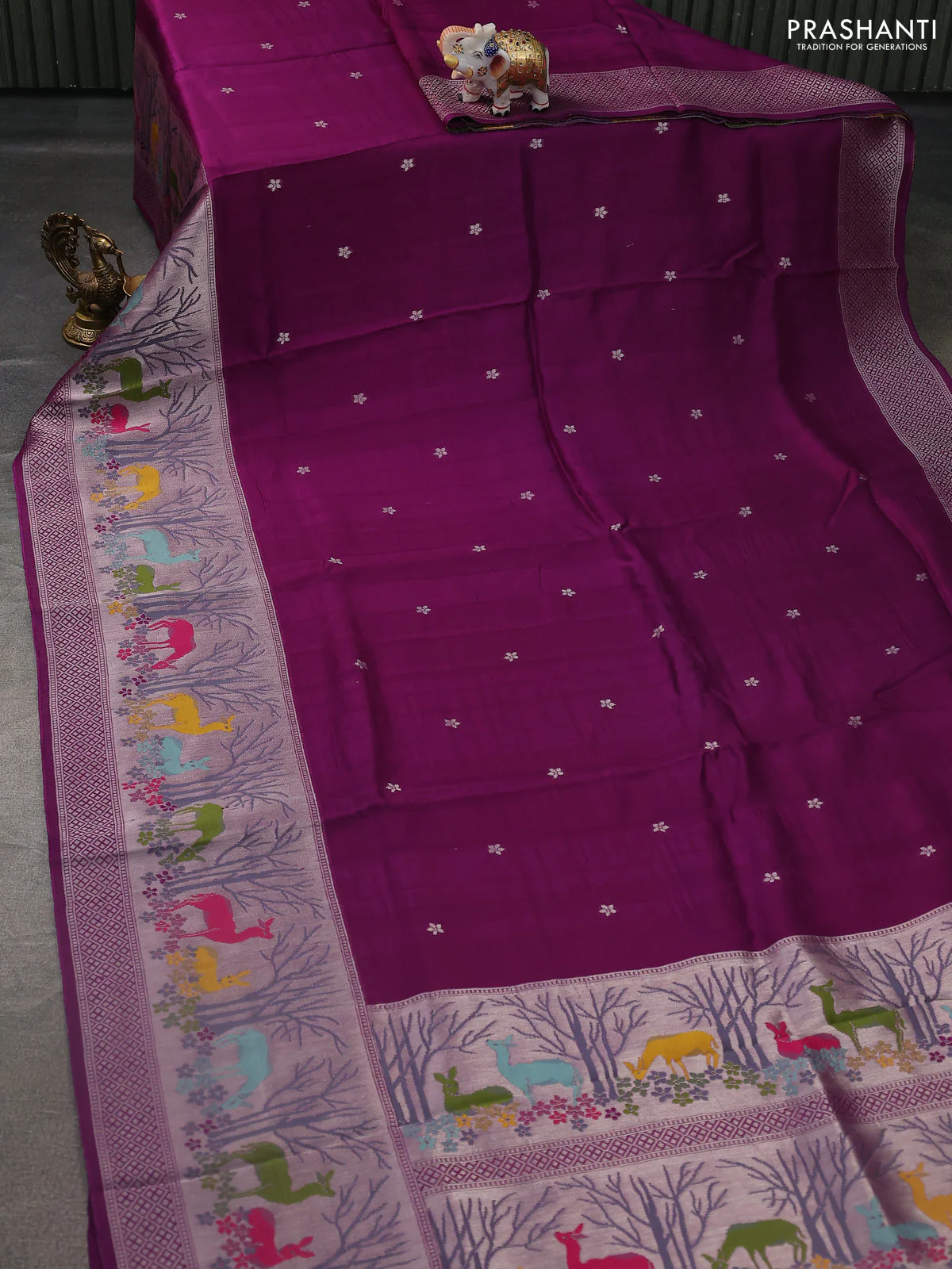 Banarasi semi raw silk saree purple with silver zari woven buttas and silver zari woven border - Image 2