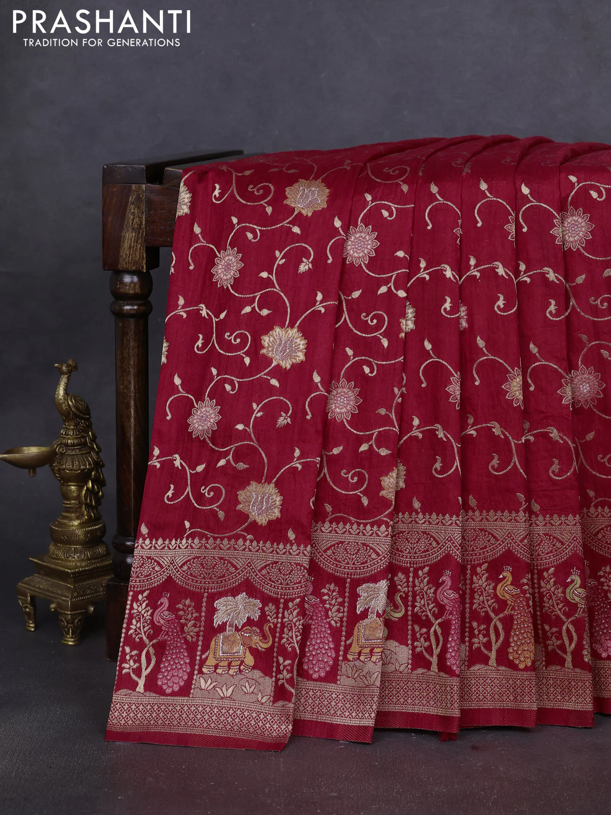 Banarasi semi raw silk saree red with allover floarl zari weaves and thread & zari woven border - Image 2