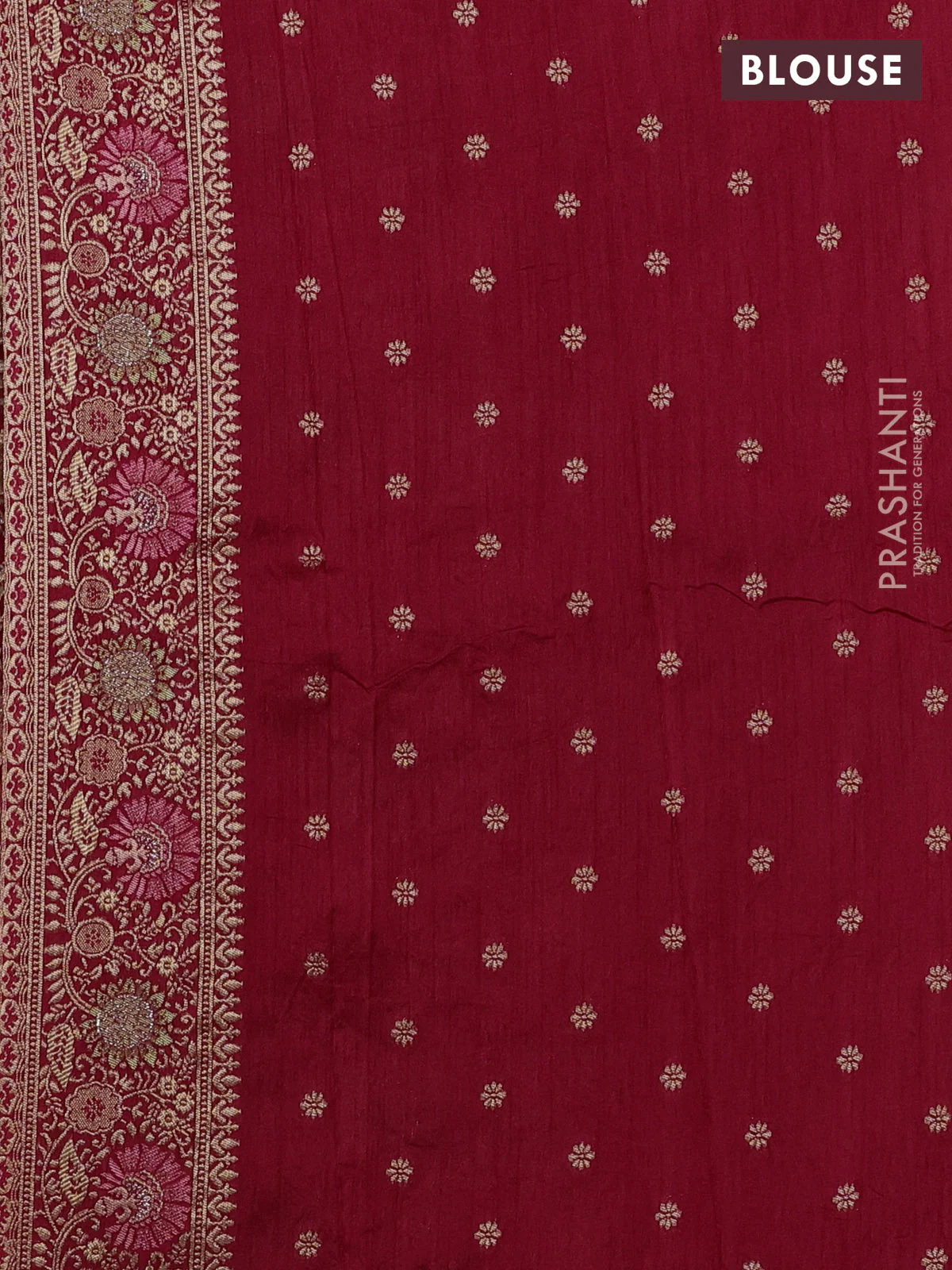 Banarasi semi raw silk saree red with allover floarl zari weaves and thread & zari woven border - Image 4