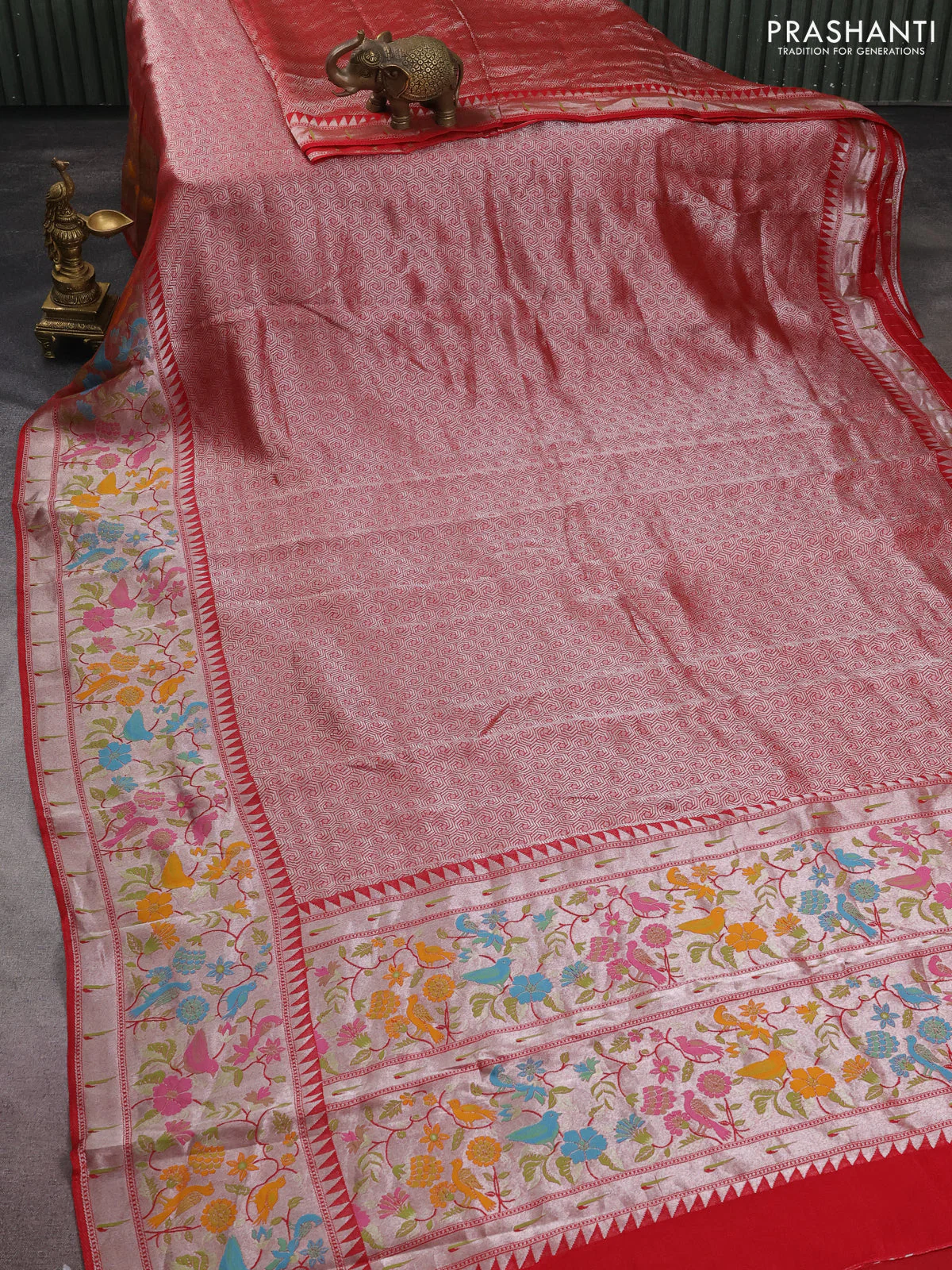 Banarasi semi raw silk saree red with allover silver woven brocade weaves and floral design paithani border - Image 2
