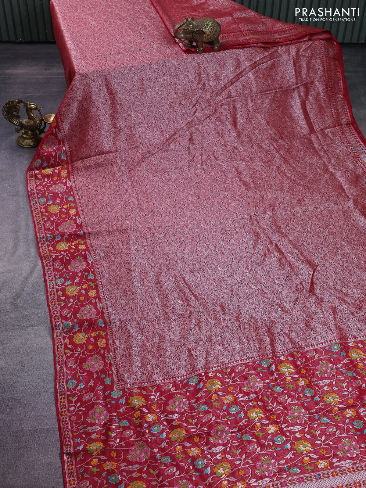 Banarasi semi raw silk saree red with allover silver zari woven brocade weaves and floral design paithani border - Image 2