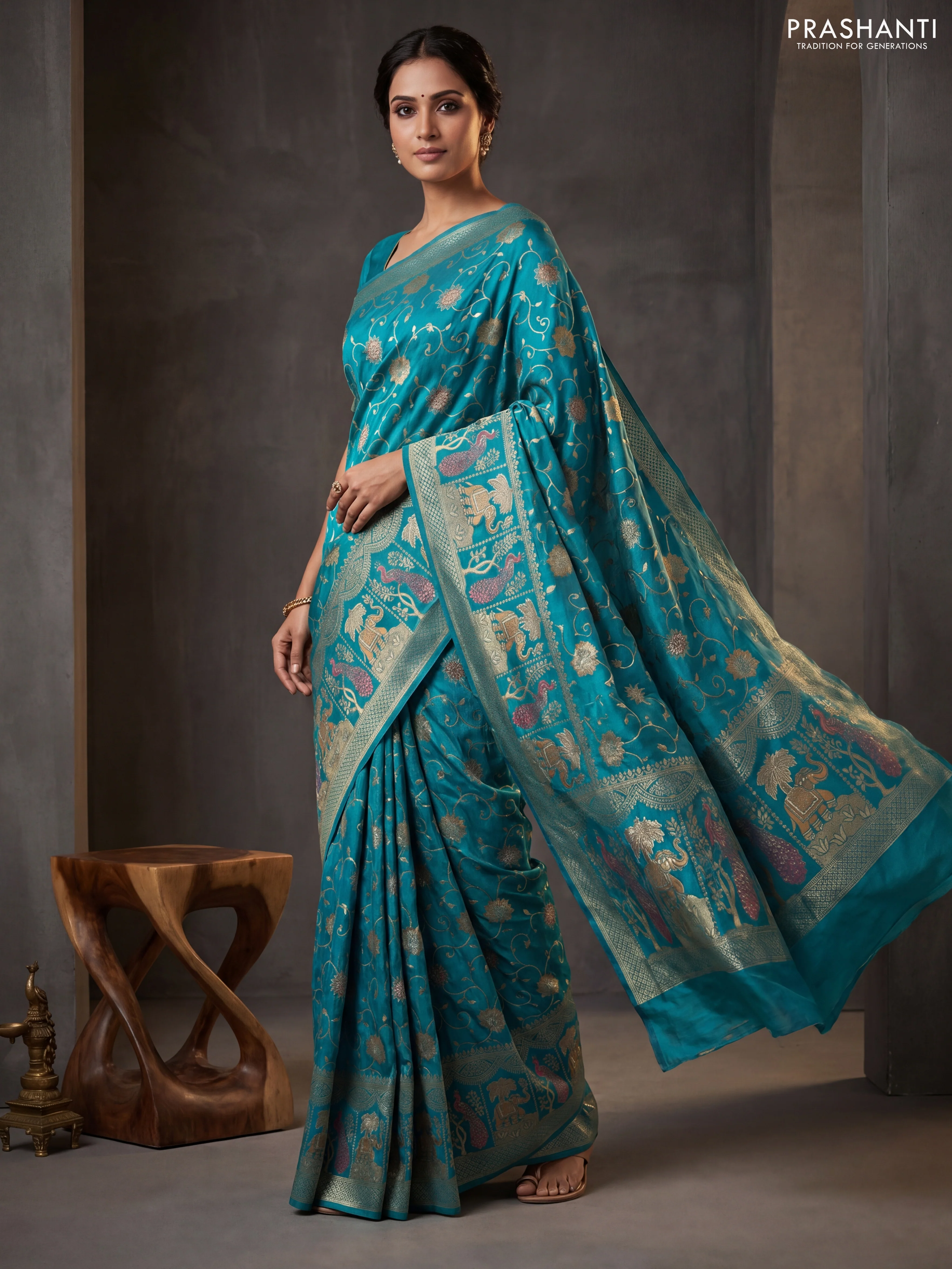 Banarasi semi raw silk saree teal blue with allover floarl zari weaves and thread & zari woven border