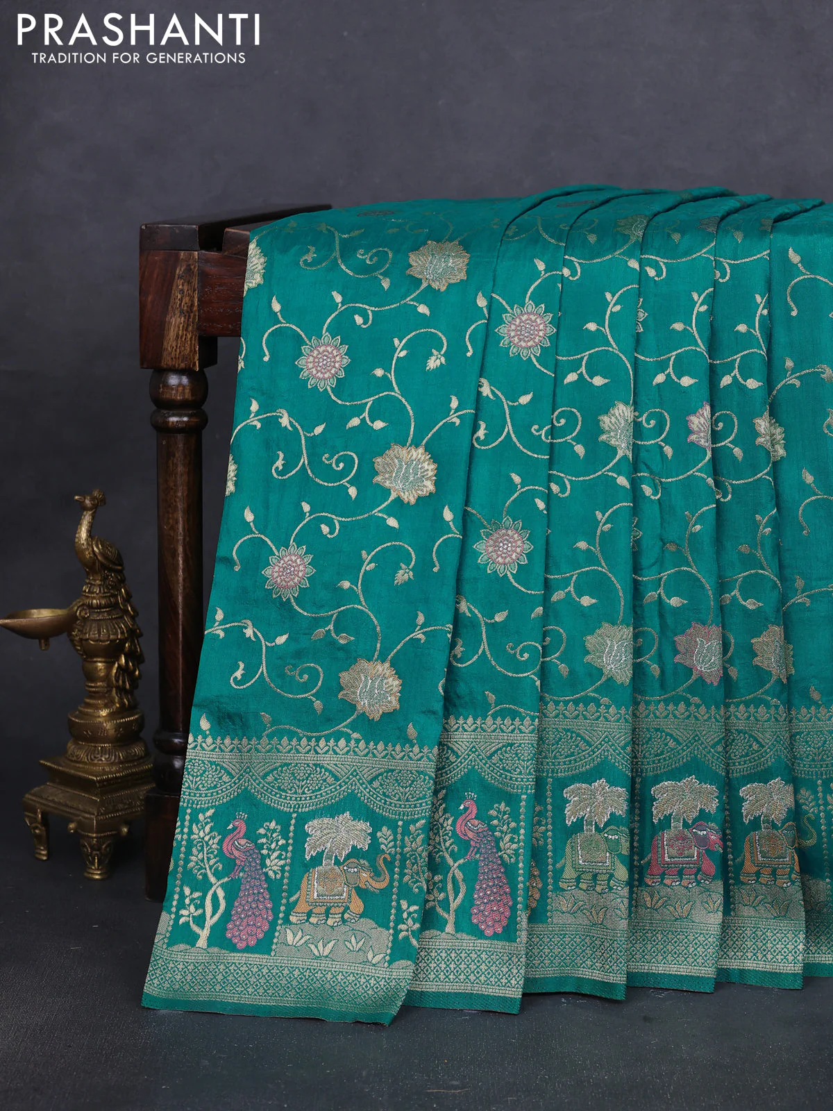 Banarasi semi raw silk saree teal blue with allover floarl zari weaves and thread & zari woven border - Image 2