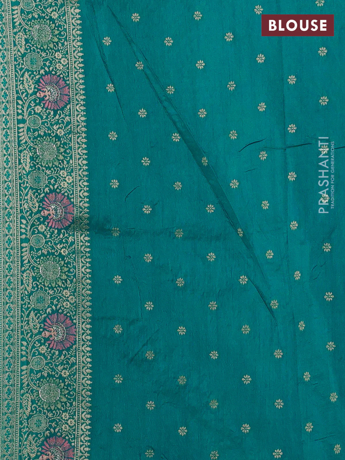 Banarasi semi raw silk saree teal blue with allover floarl zari weaves and thread & zari woven border - Image 4