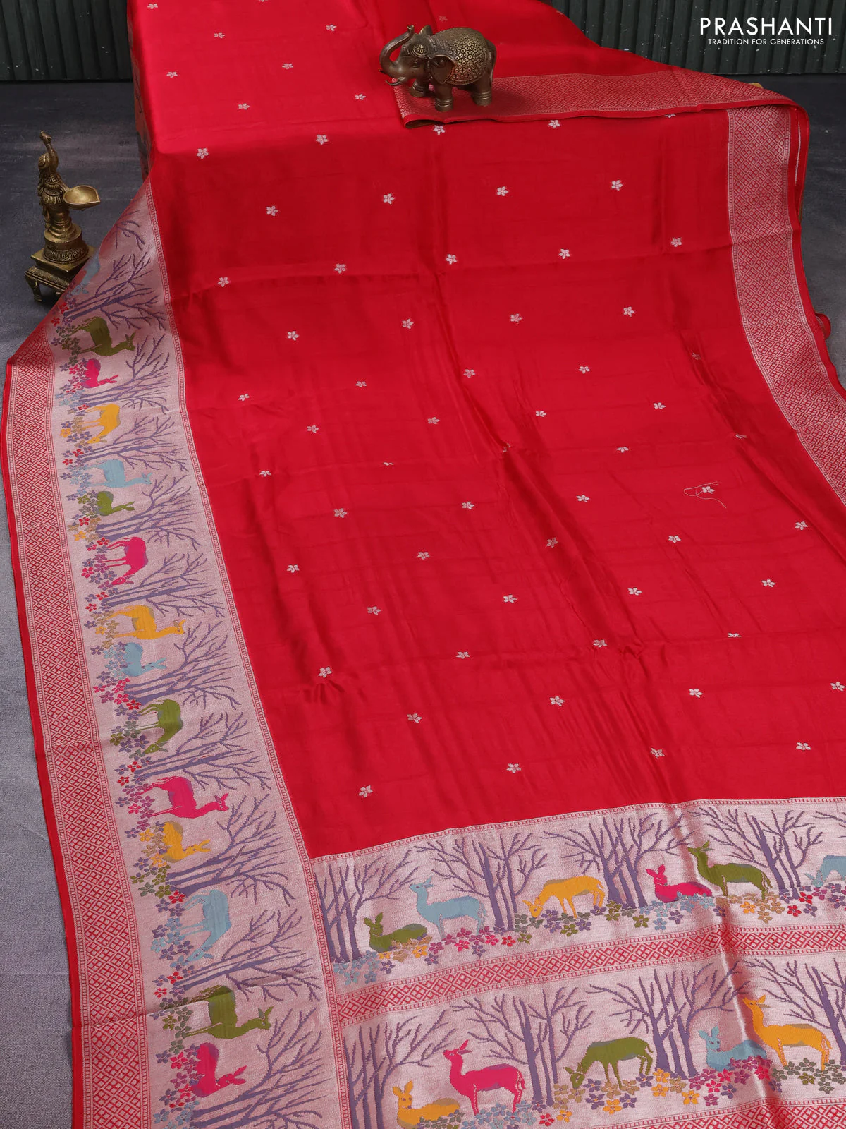 Banarasi semi raw silk saree tomato pink with silver zari woven buttas and silver zari woven border - Image 2