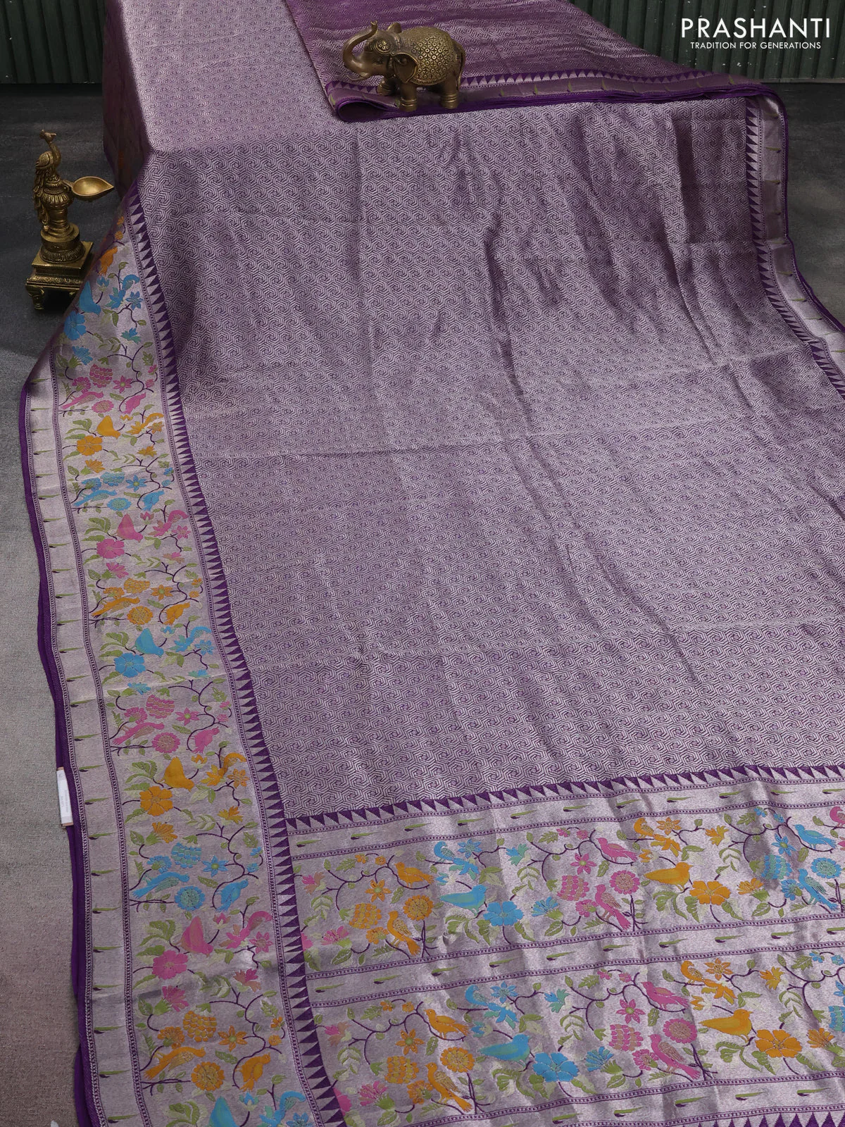 Banarasi semi raw silk saree violet with allover silver woven brocade weaves and floral design paithani border - Image 2