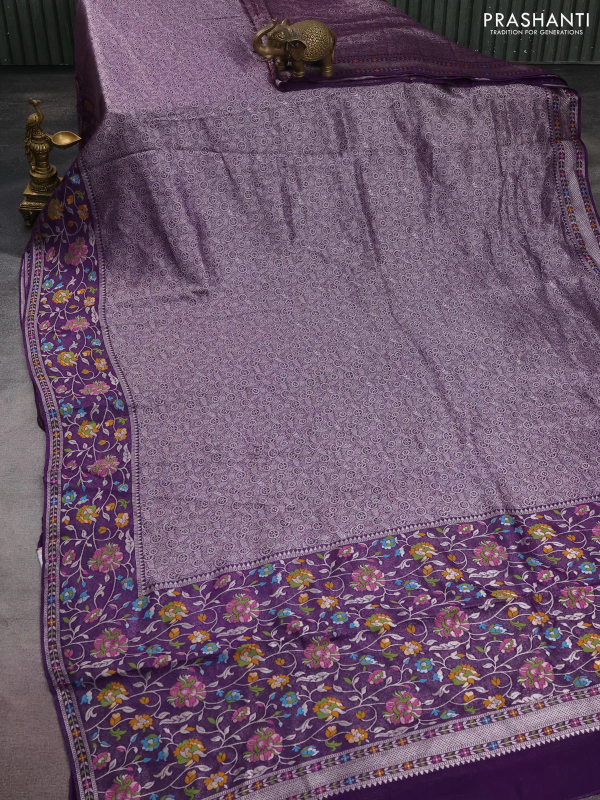 Banarasi semi raw silk saree violet with allover silver zari woven brocade weaves and floral design paithani border - Image 2