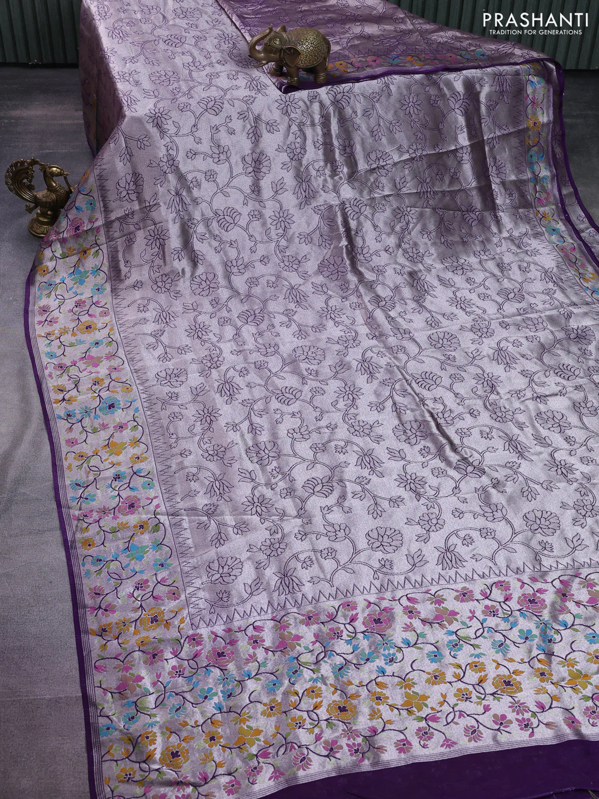 Banarasi semi raw silk saree violet with allover silver zari woven floral weaves and floral design paithani border - Image 2