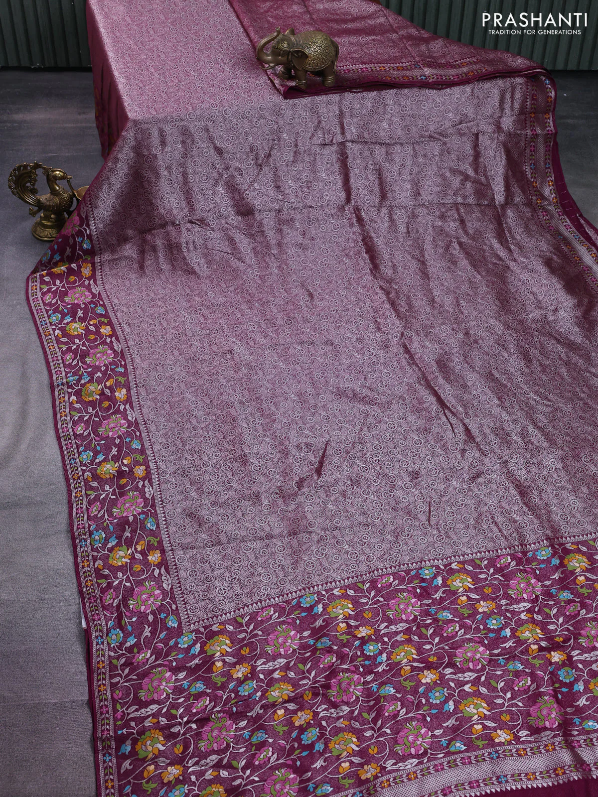 Banarasi semi raw silk saree wine shade with allover silver zari woven brocade weaves and floral design paithani border - Image 2