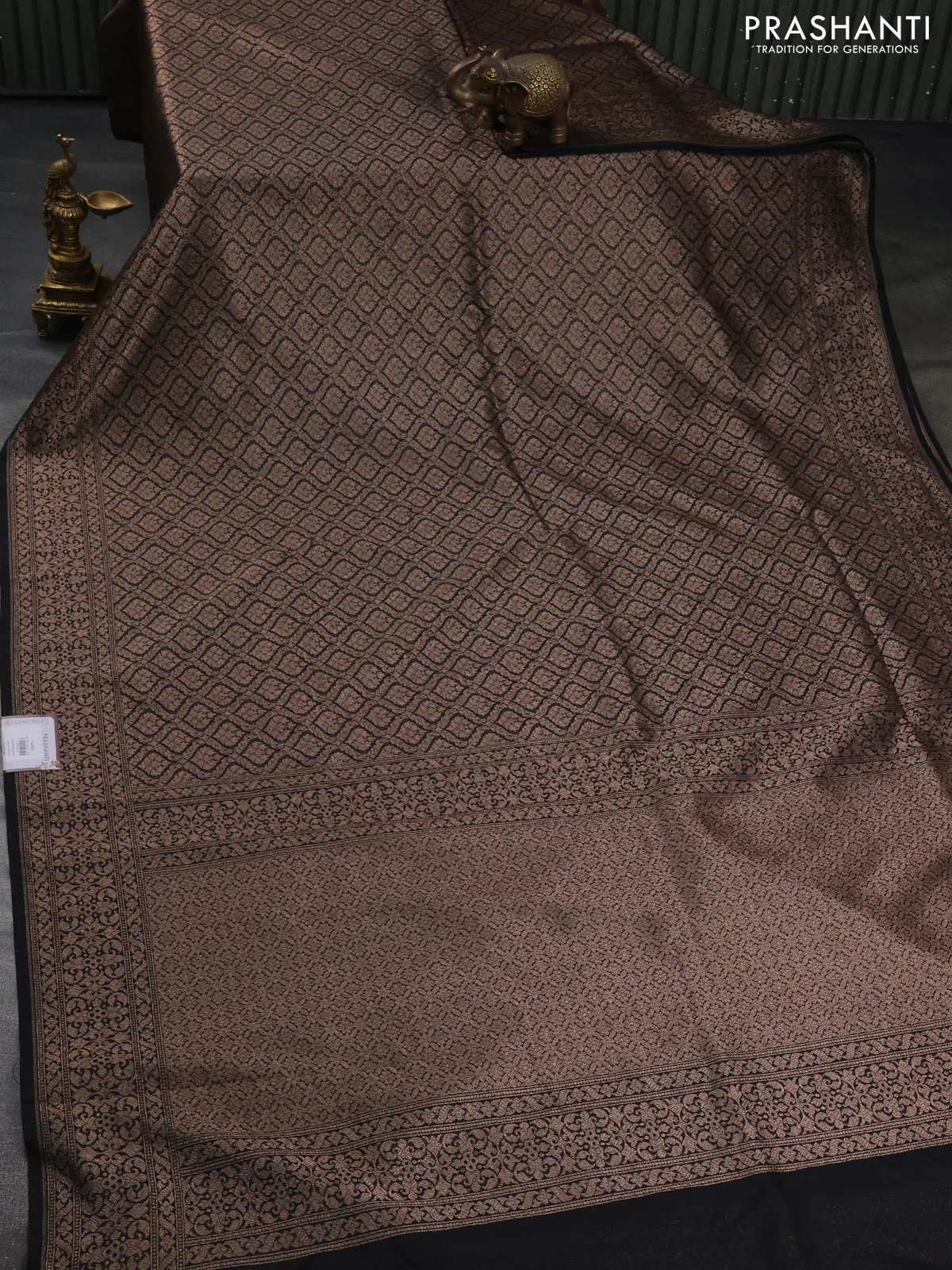Banarasi semi silk saree black with allover thread & zari weaves and woven border - Image 2