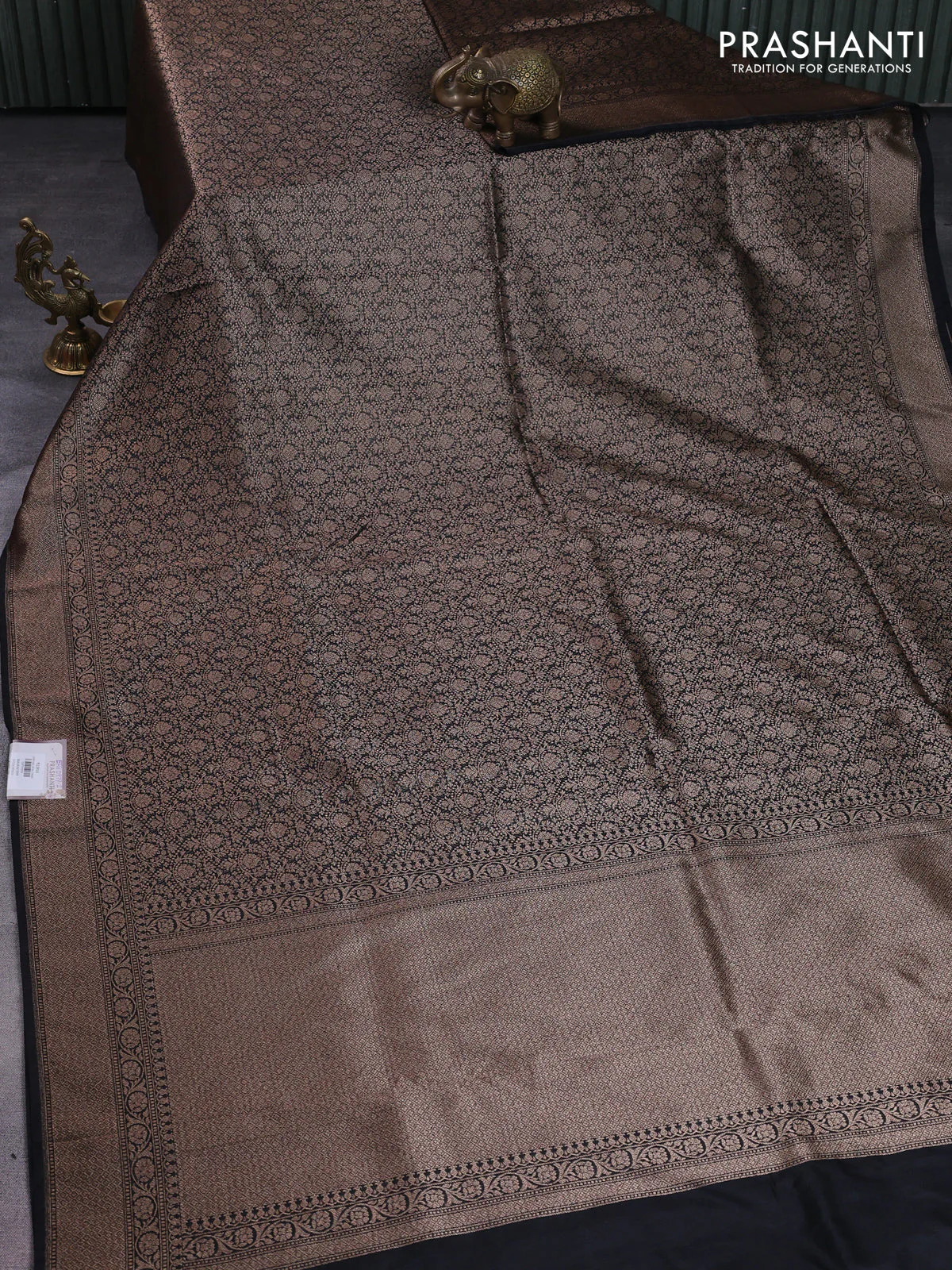 Banarasi semi silk saree black with allover thread & zari weaves and woven border - Image 2