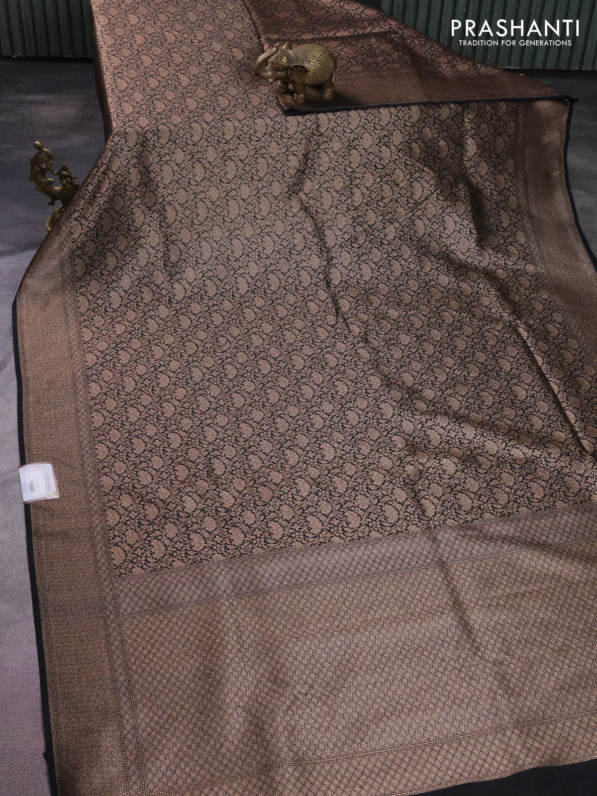 Banarasi semi silk saree black with allover thread & zari weaves and woven border - Image 2