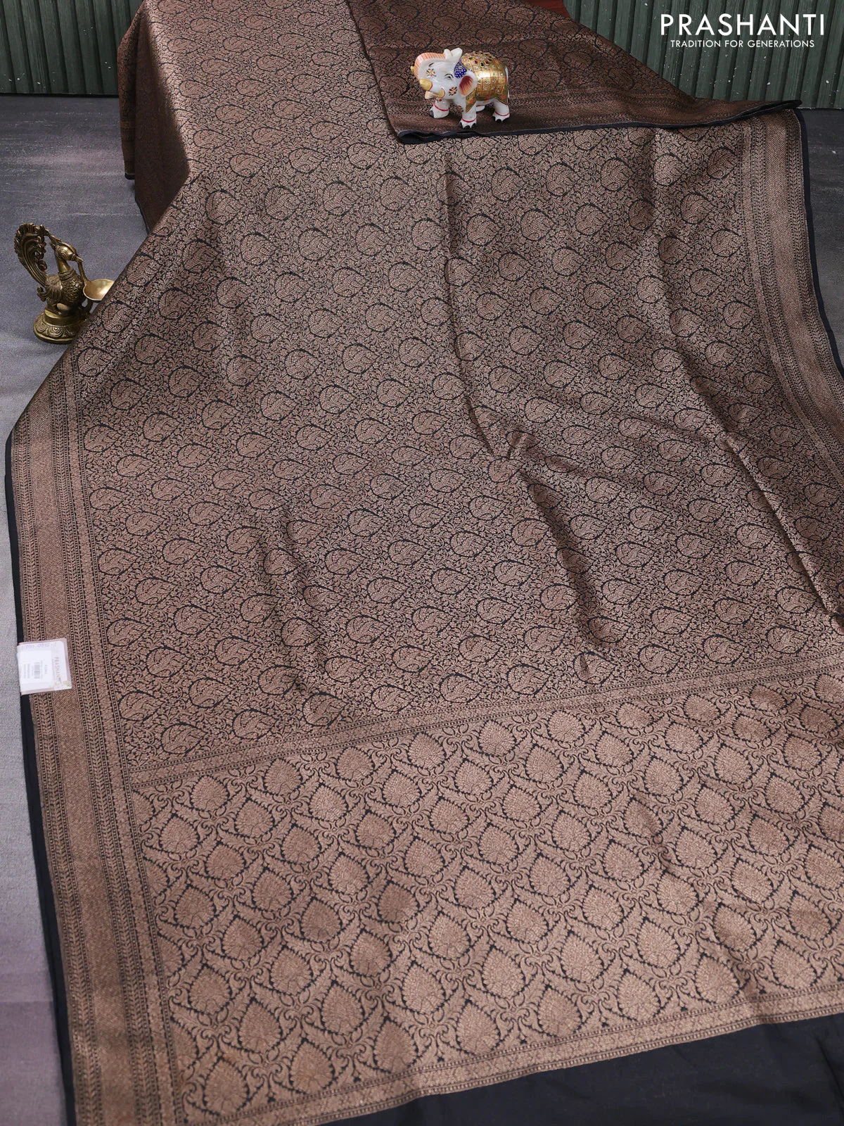 Banarasi semi silk saree black with allover thread & zari weaves and woven border - Image 2