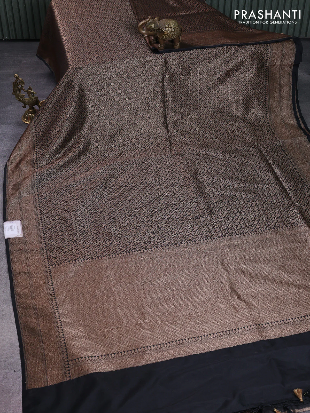 Banarasi semi silk saree black with allover thread & zari weaves and woven border - Image 2
