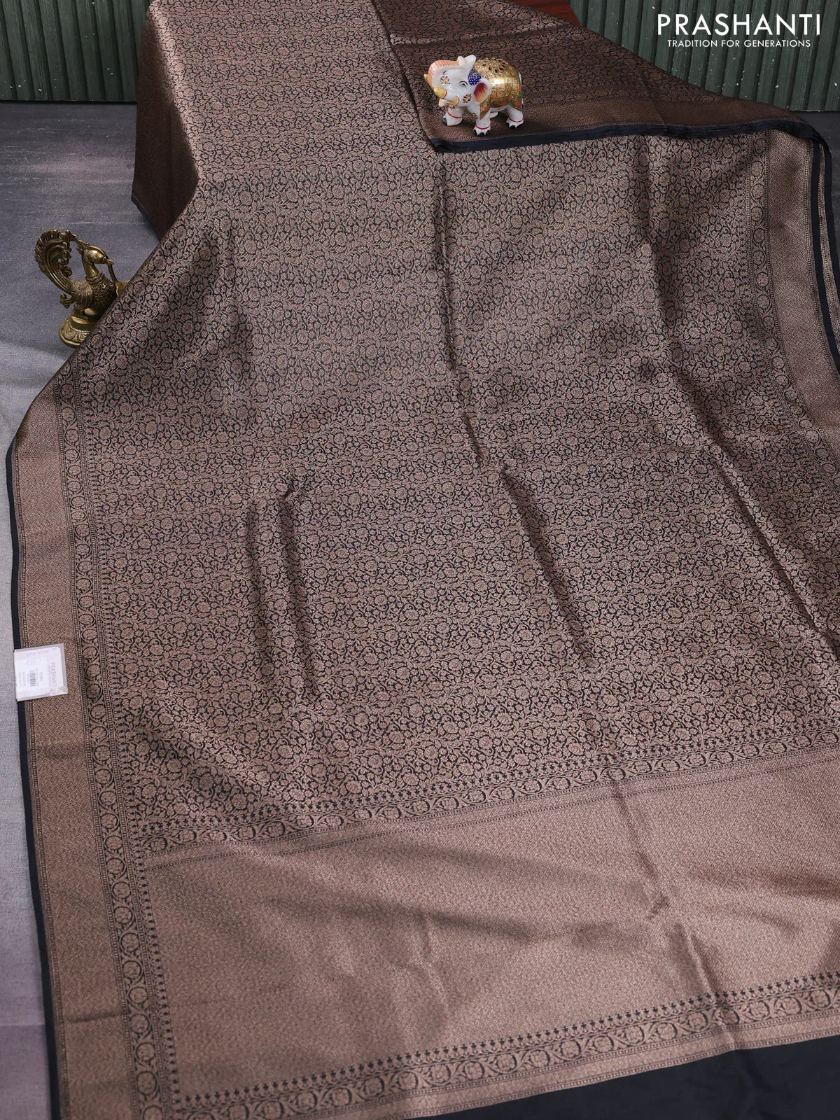 Banarasi semi silk saree black with allover thread & zari weaves and woven border - Image 2