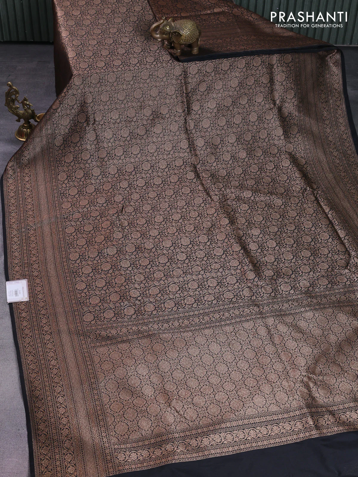 Banarasi semi silk saree black with allover thread & zari weaves and woven border - Image 2