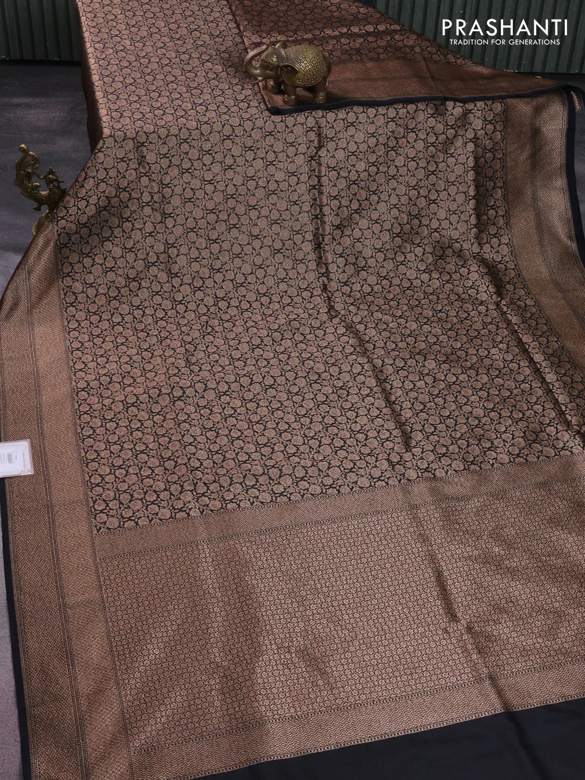 Banarasi semi silk saree black with allover thread & zari weaves and woven border - Image 2