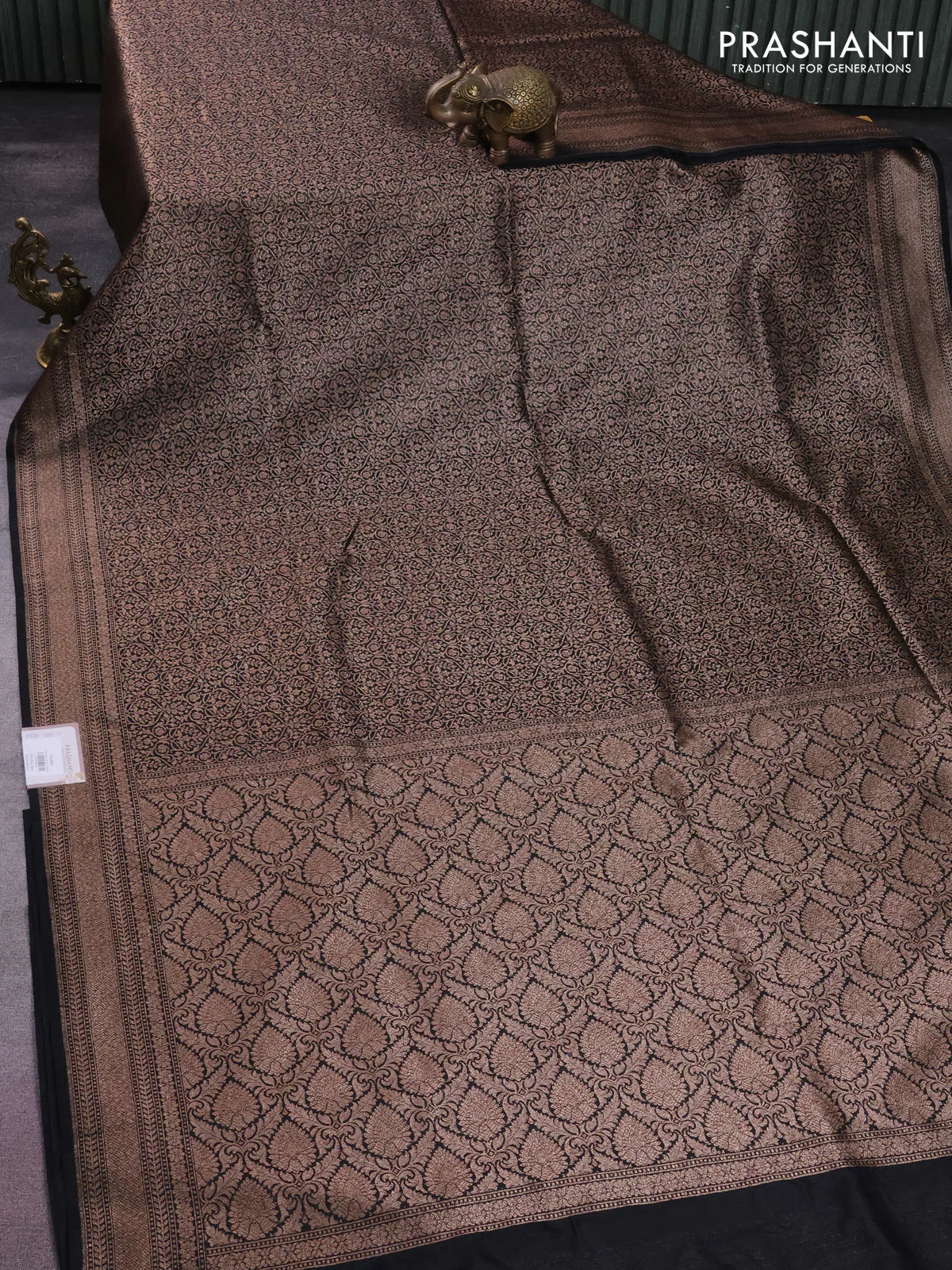 Banarasi semi silk saree black with allover thread & zari weaves and woven border - Image 2