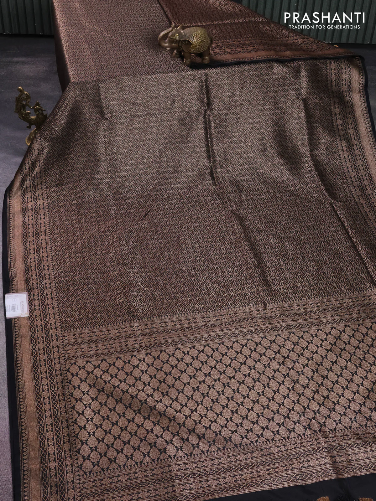 Banarasi semi silk saree black with allover thread & zari weaves and woven border - Image 2