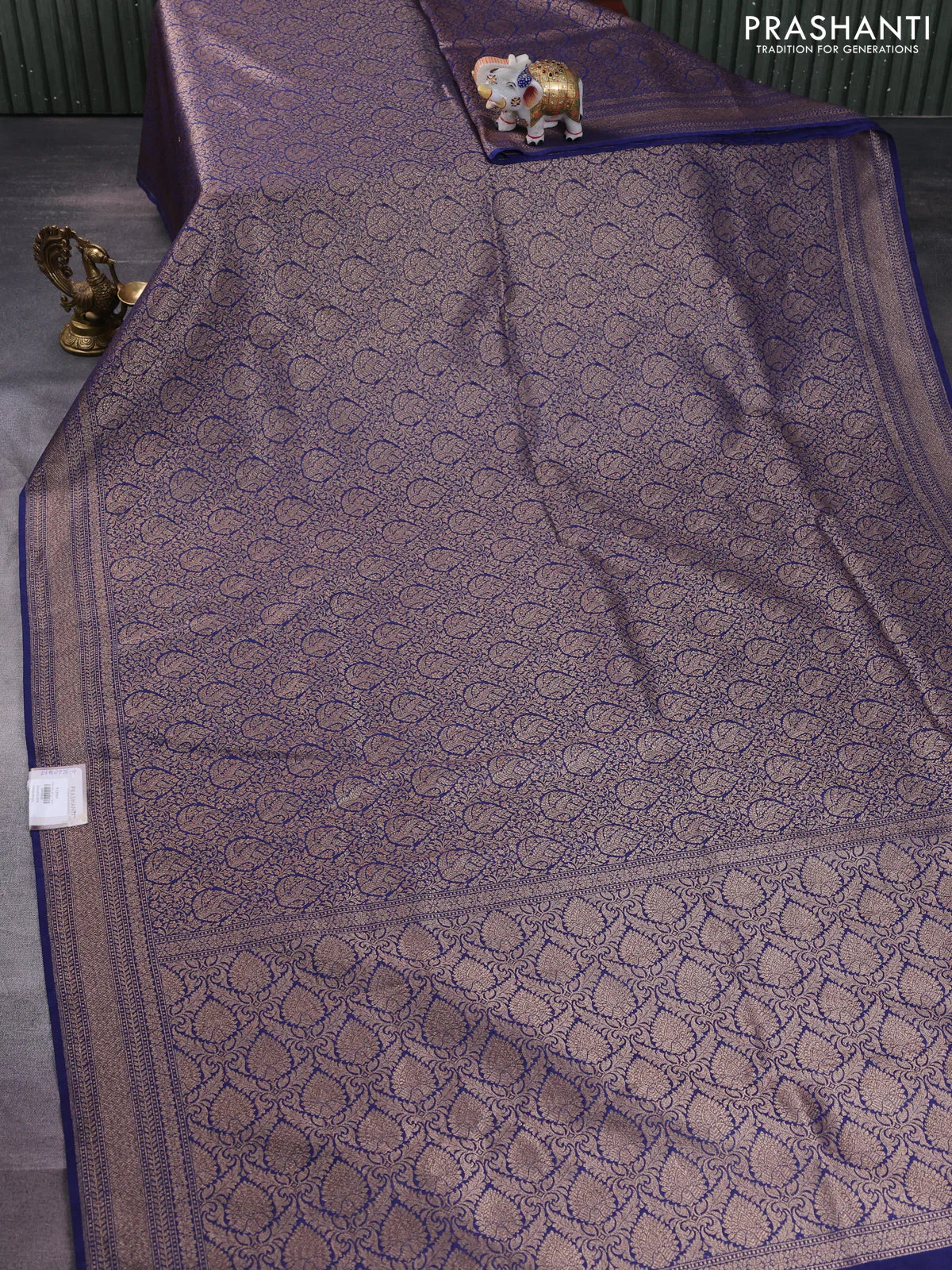 Banarasi semi silk saree blue with allover thread & zari weaves and woven border - Image 2