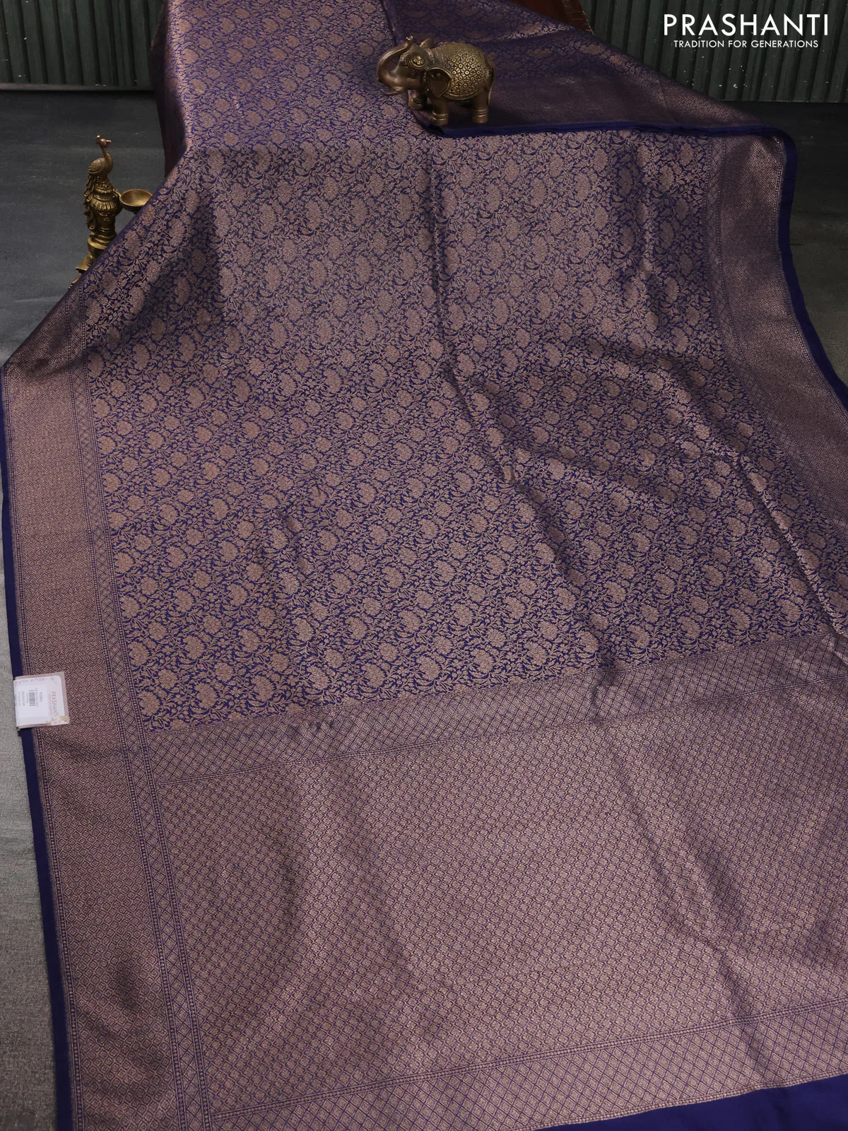 Banarasi semi silk saree blue with allover thread & zari weaves and woven border - Image 2